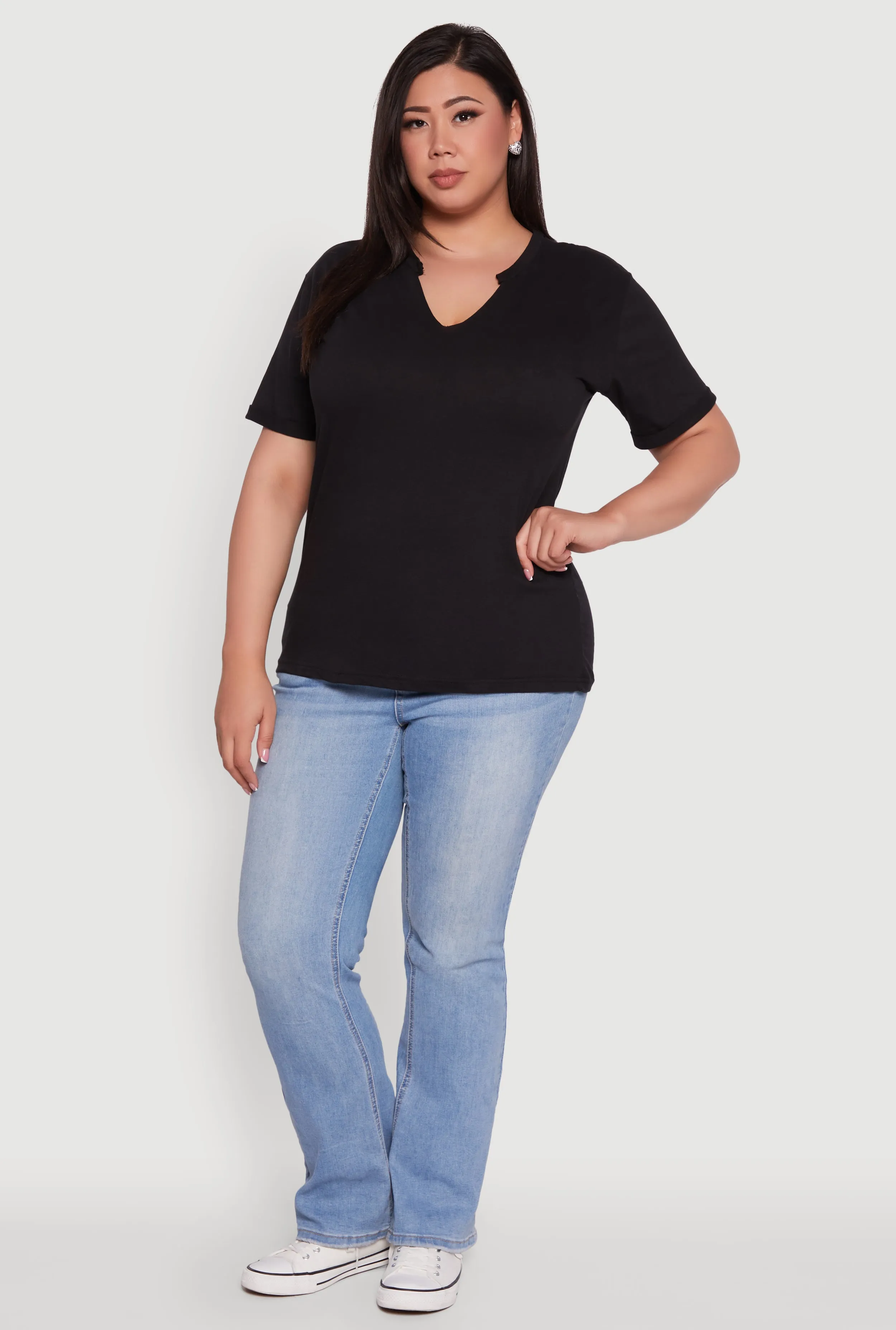 Plus Size Basic Fixed Cuff Notch Neck Tee sold by Rainbow