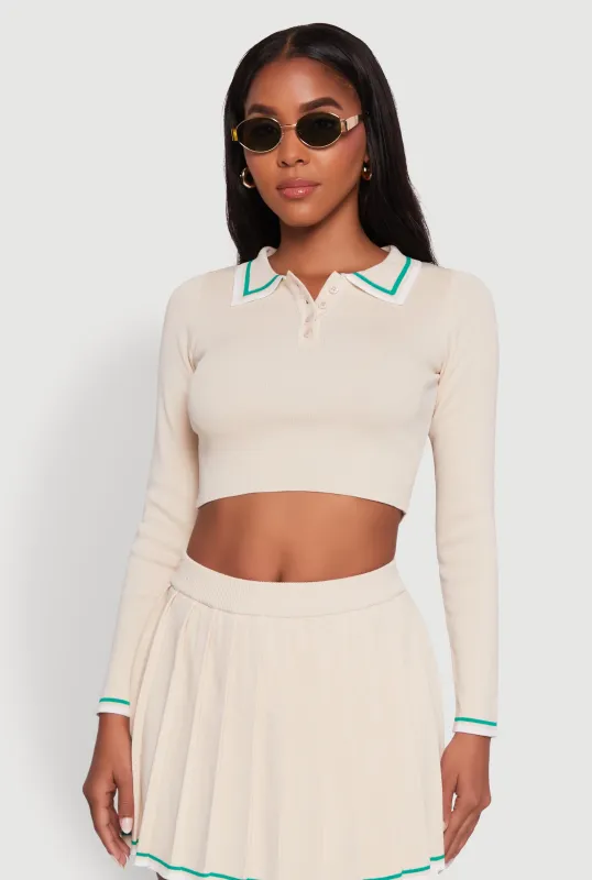 Daisy Contrast Trim Cropped Long Sleeve Polo Shirt sold by Rainbow