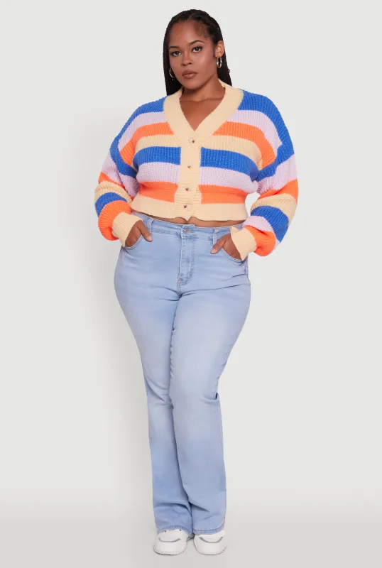 Plus Size Daisy Striped Cropped Button Front Cardigan sold by Rainbow