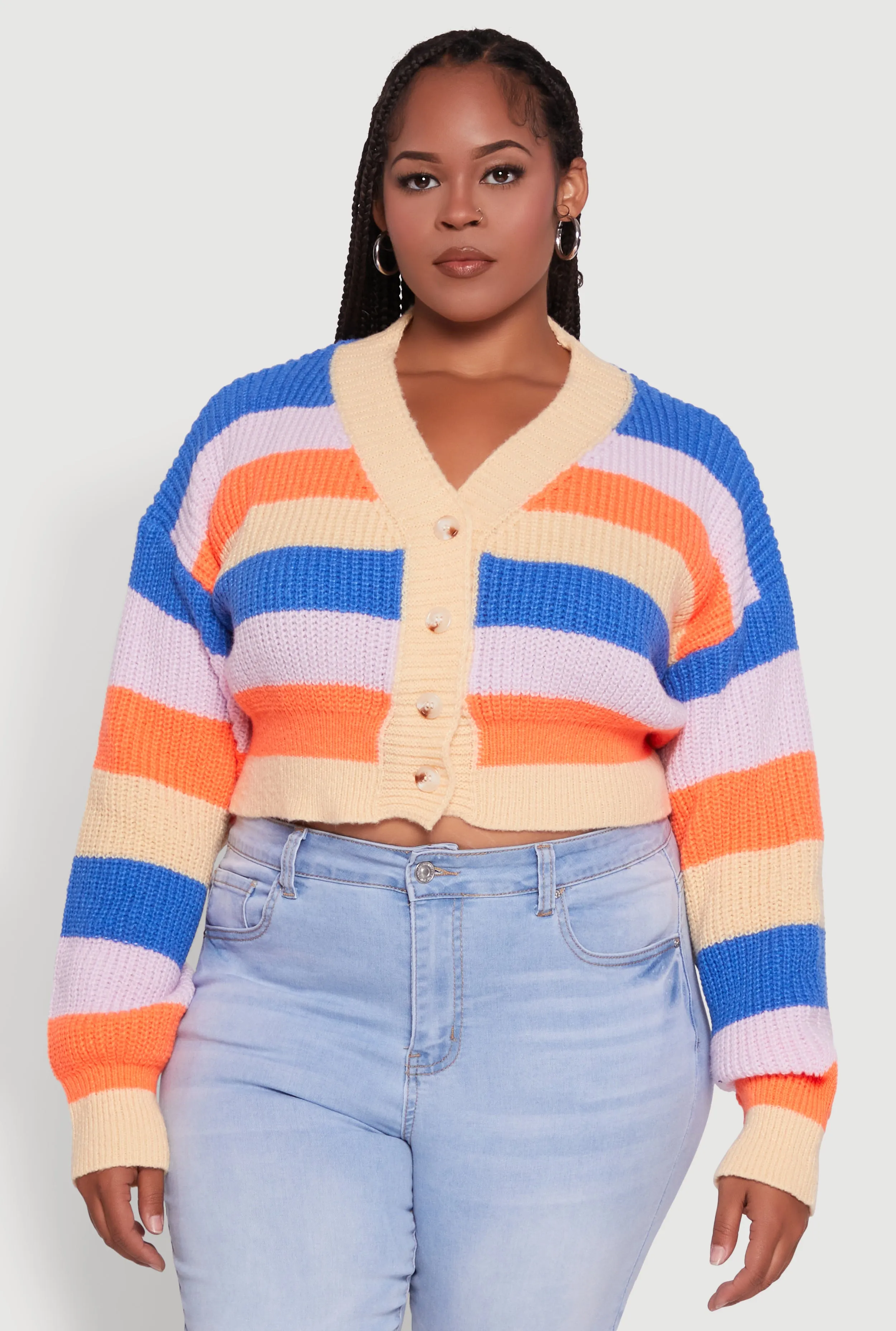 Plus Size Daisy Striped Cropped Button Front Cardigan sold by Rainbow product image thumbnail 2
