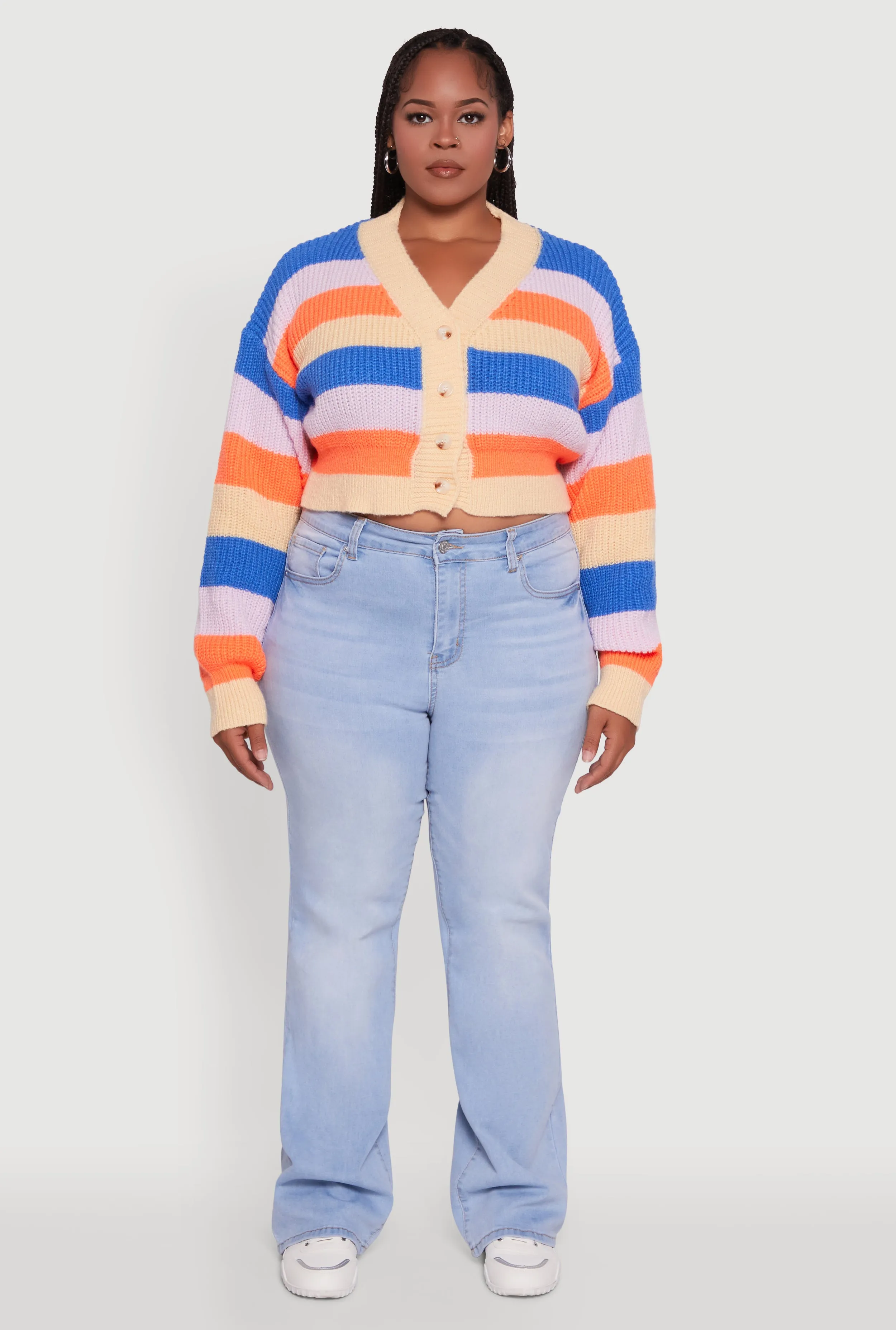 Plus Size Daisy Striped Cropped Button Front Cardigan sold by Rainbow product image thumbnail 3