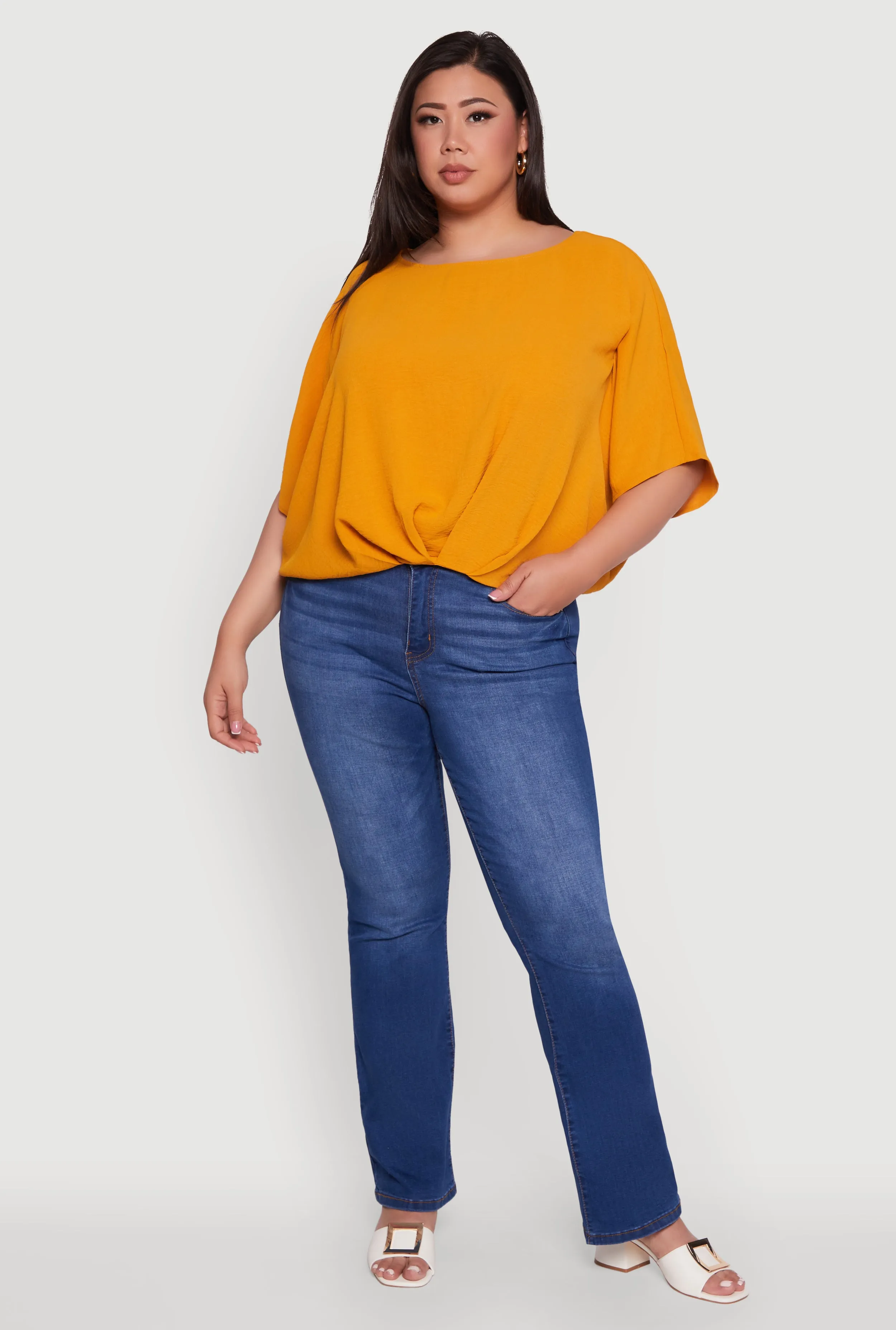 Plus Size Crepe Knit Gathered Hem Dolman Sleeve Blouse sold by Rainbow