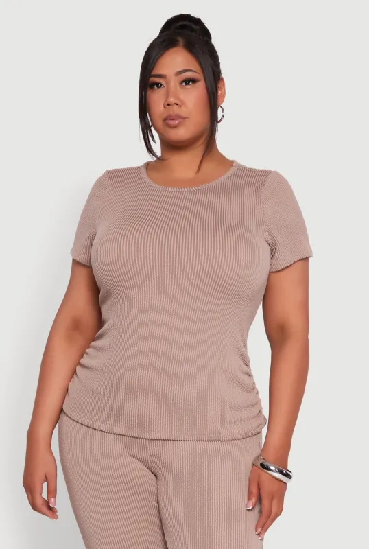 Plus Size Ribbed Knit Classic Fit Solid Crew Neck T-Shirt sold by Rainbow
