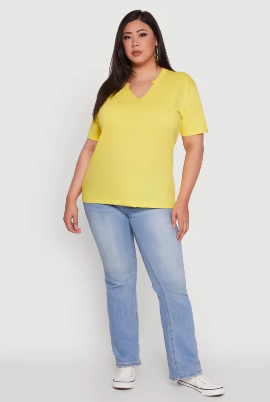 Plus Size Basic Fixed Cuff Notch Neck Tee sold by Rainbow