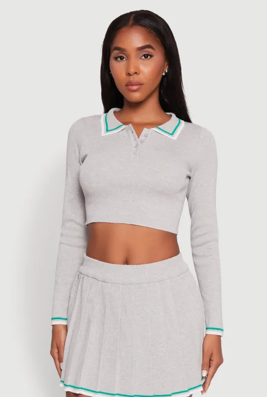 Daisy Contrast Trim Cropped Long Sleeve Polo Shirt sold by Rainbow