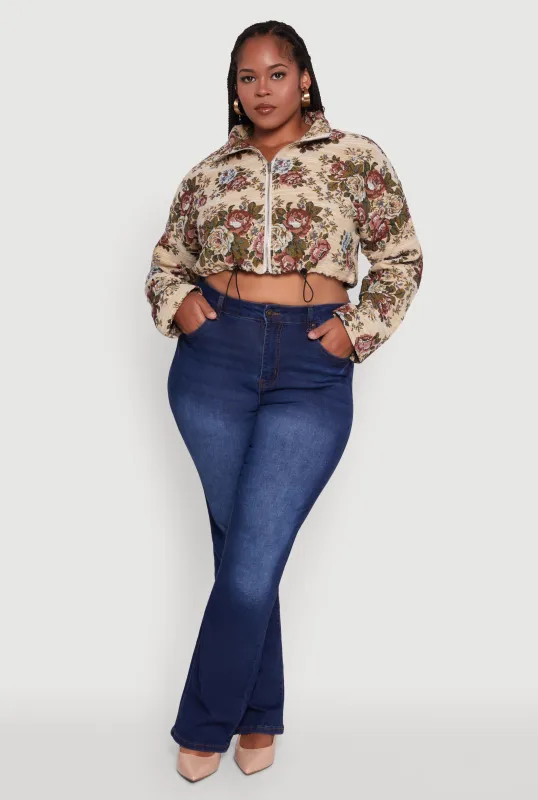 Plus Size Daisy Patterned Jacquard Cropped Jacket sold by Rainbow