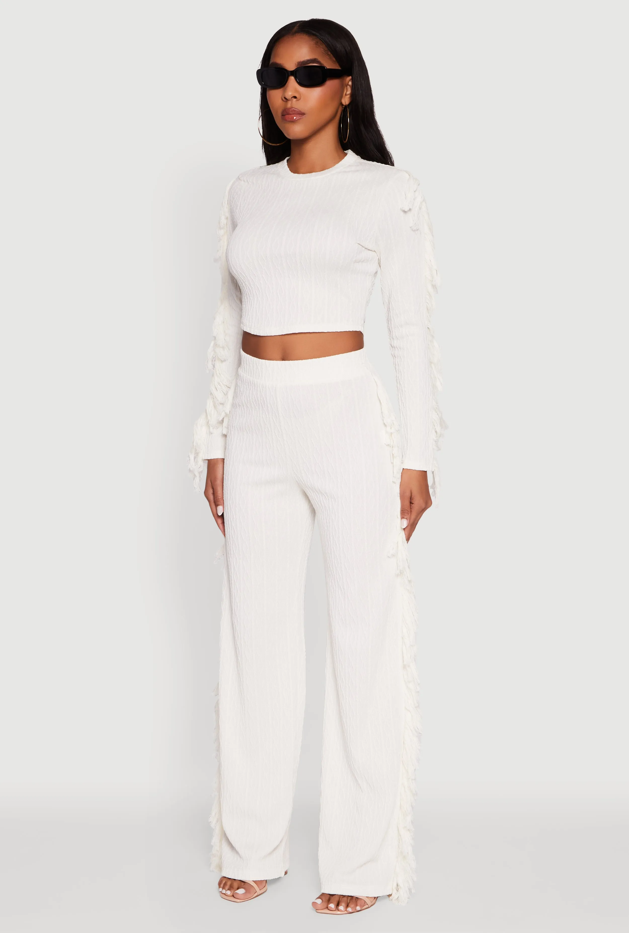 Textured Knit Long Sleeve Fringe Crop Top sold by Rainbow product image thumbnail 5