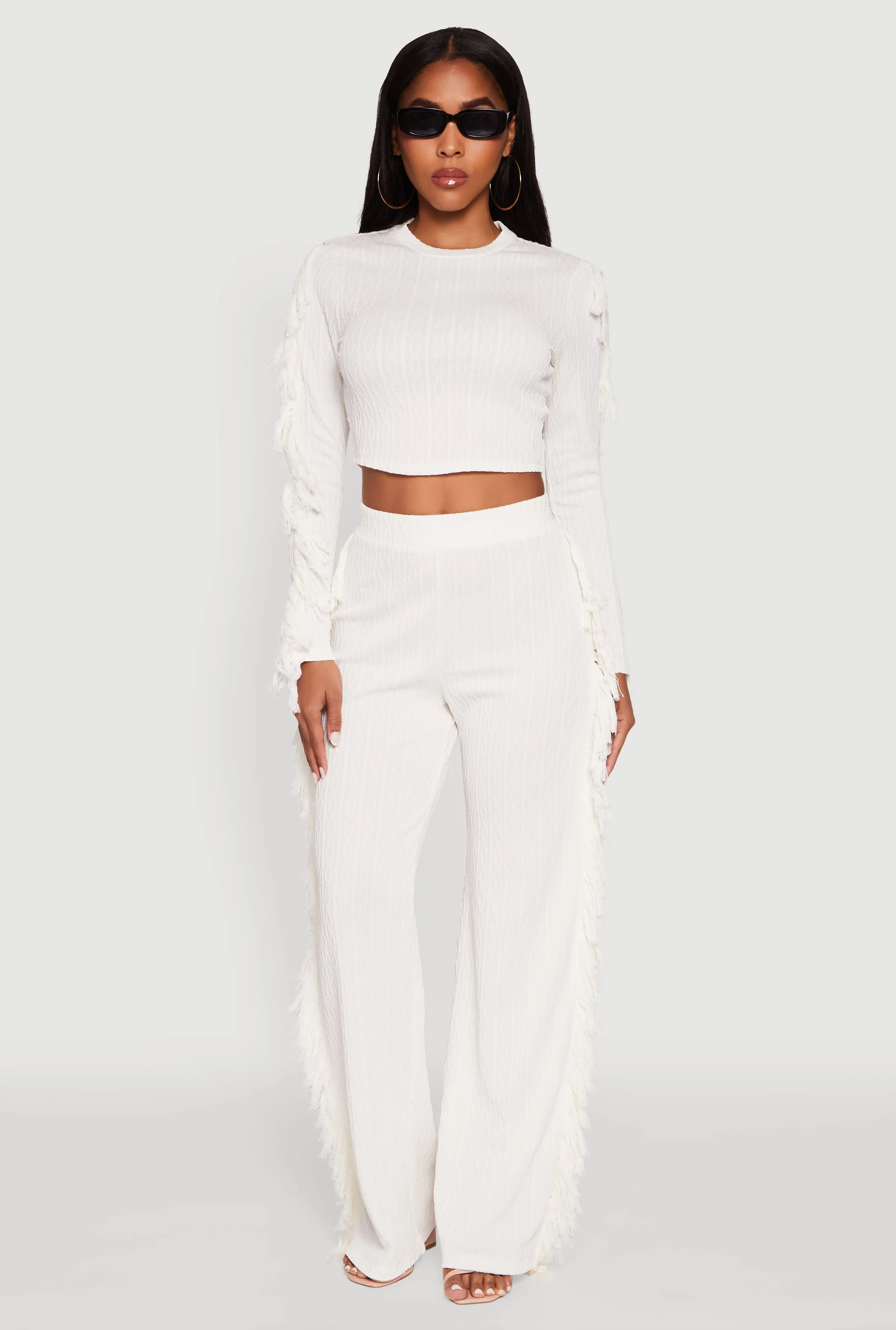 Textured Knit Long Sleeve Fringe Crop Top sold by Rainbow product image thumbnail 2