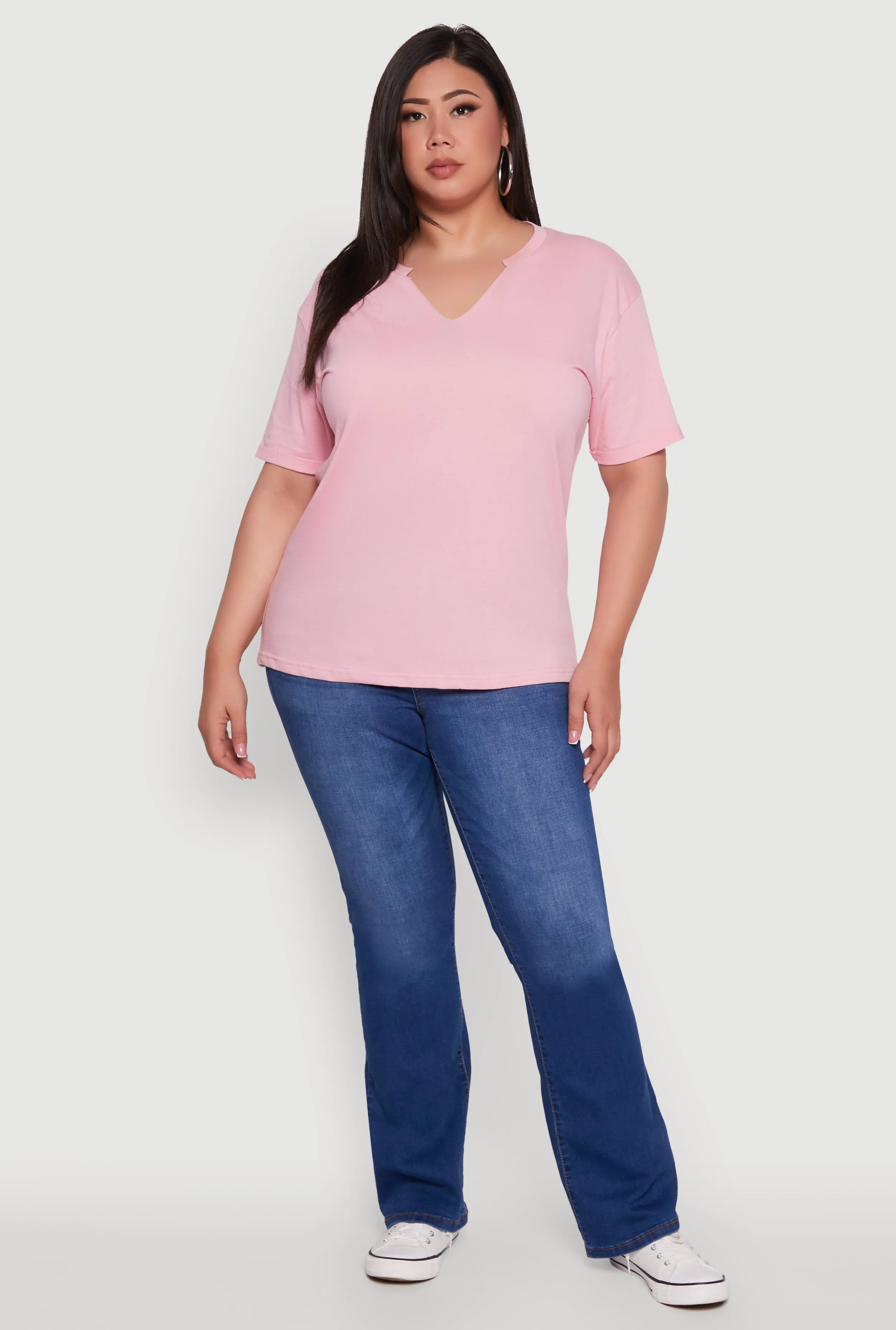 Plus Size Basic Fixed Cuff Notch Neck Tee sold by Rainbow