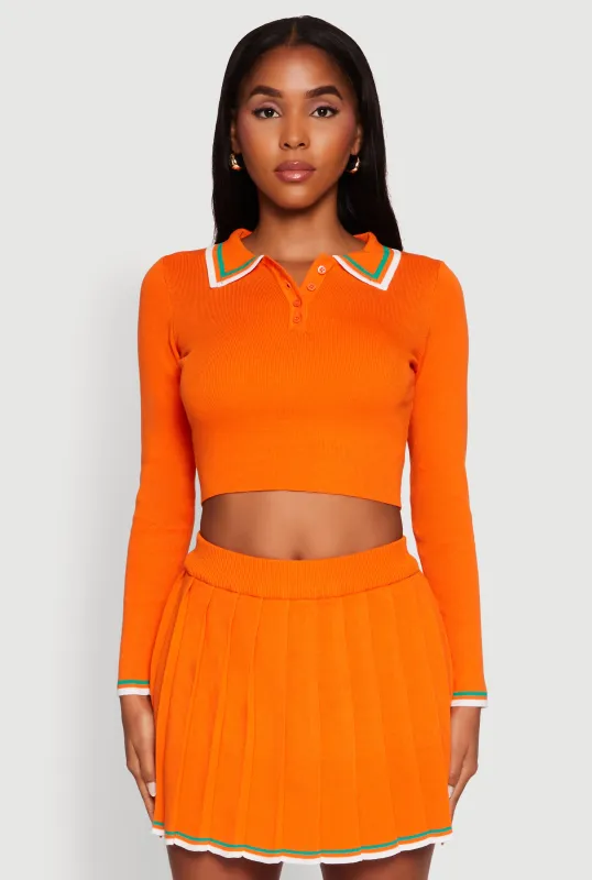 Daisy Contrast Trim Cropped Long Sleeve Polo Shirt sold by Rainbow