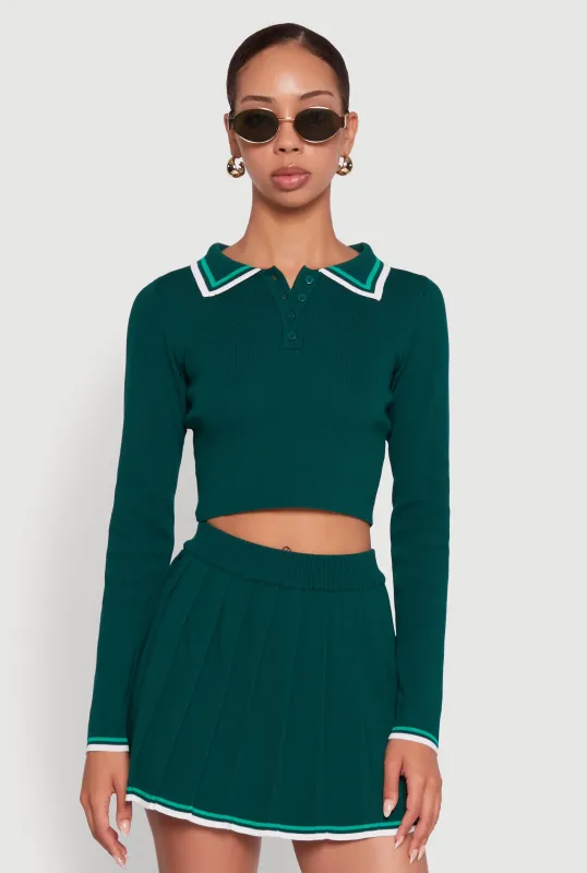 Daisy Contrast Trim Cropped Long Sleeve Polo Shirt sold by Rainbow