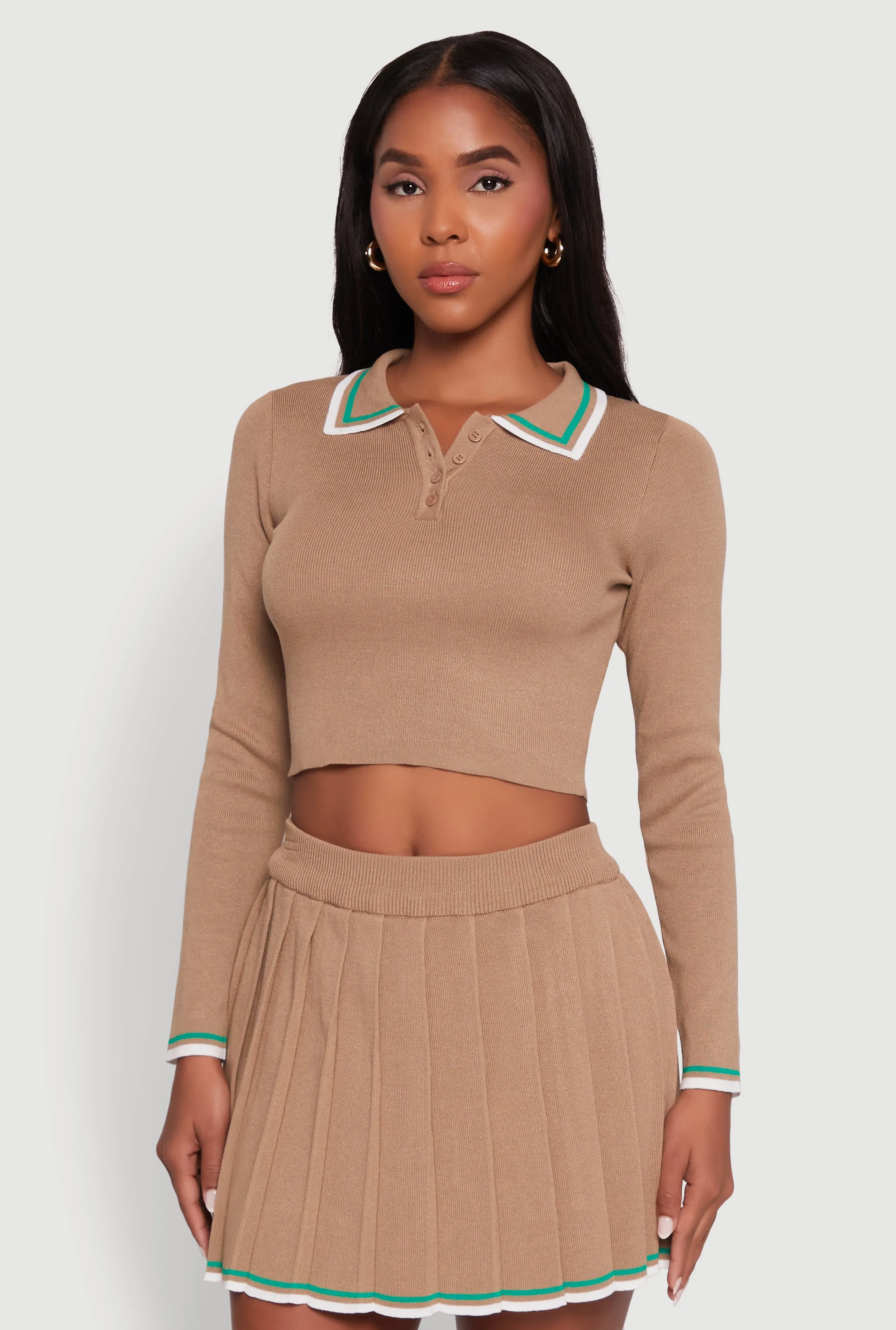 Daisy Contrast Trim Cropped Long Sleeve Polo Shirt sold by Rainbow product image thumbnail 2