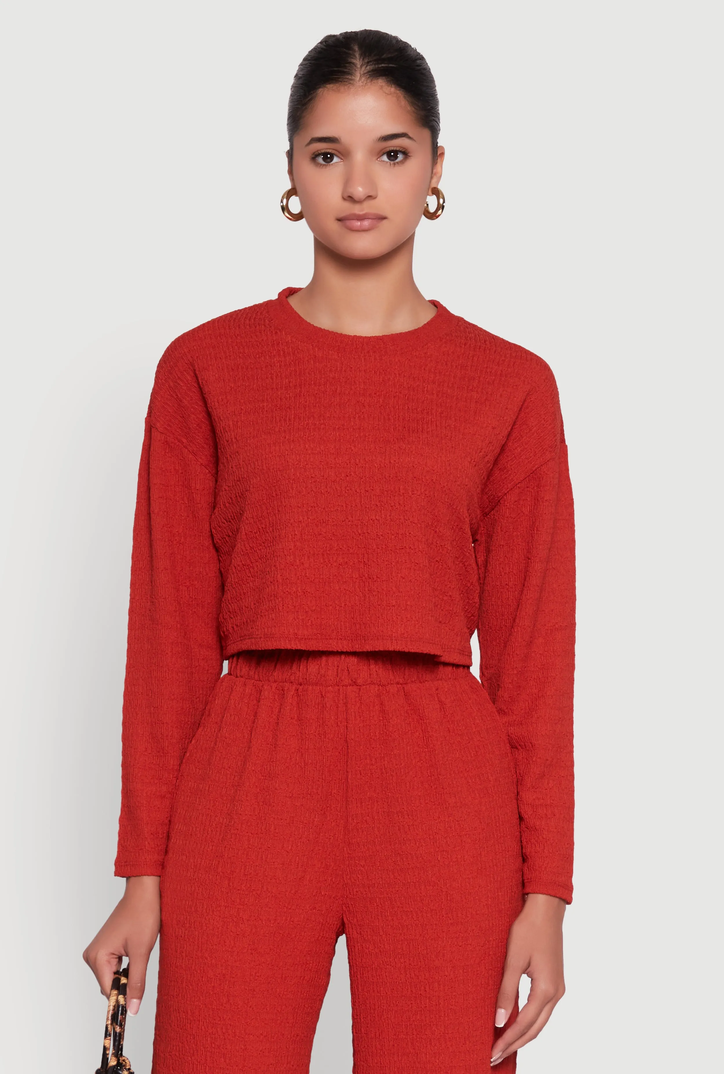 Trendy Textured Knit Long Sleeve Crop Top sold by Rainbow