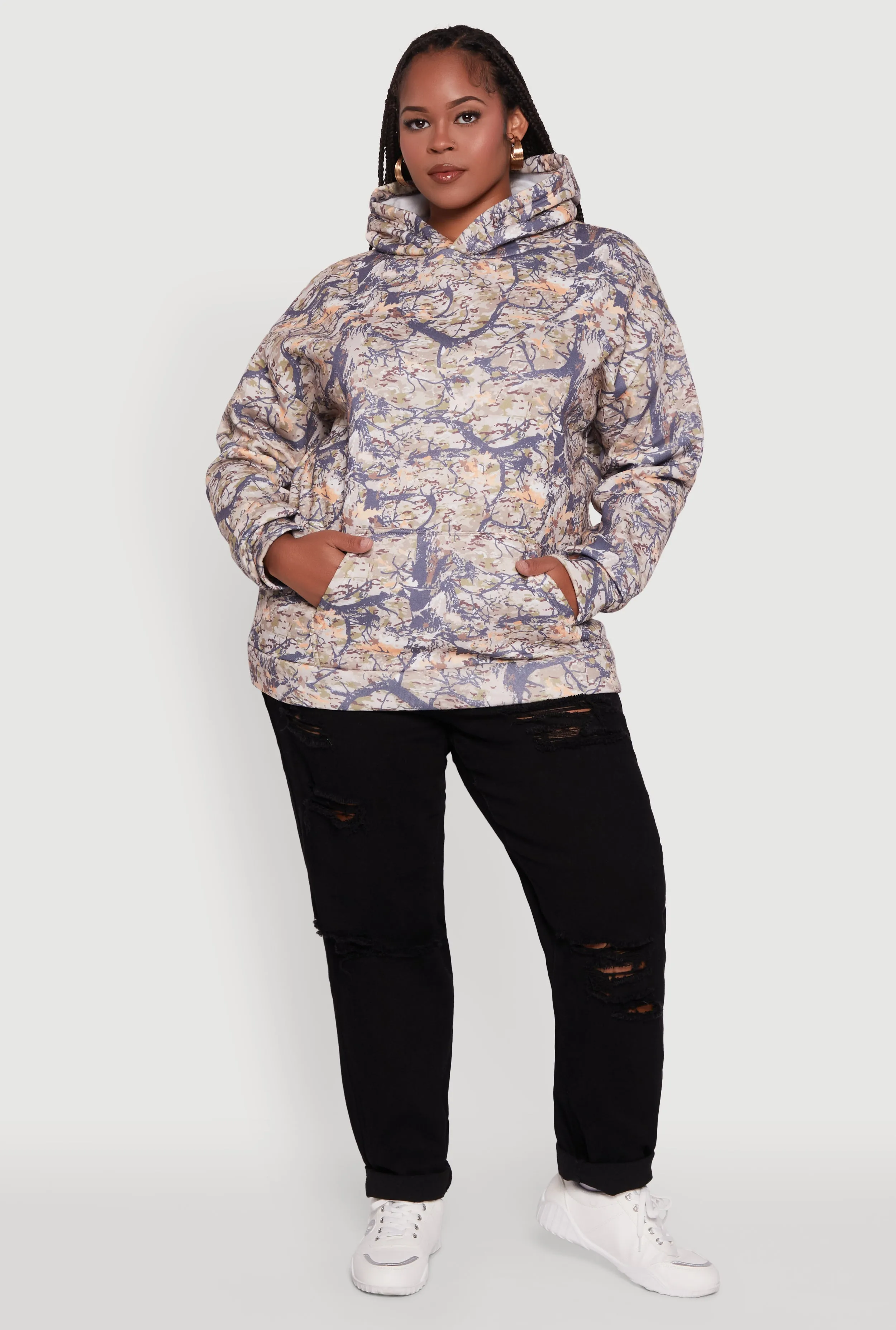 Plus Size Hunter Camo Print Hoodie with Kangaroo Pocket sold by Rainbow