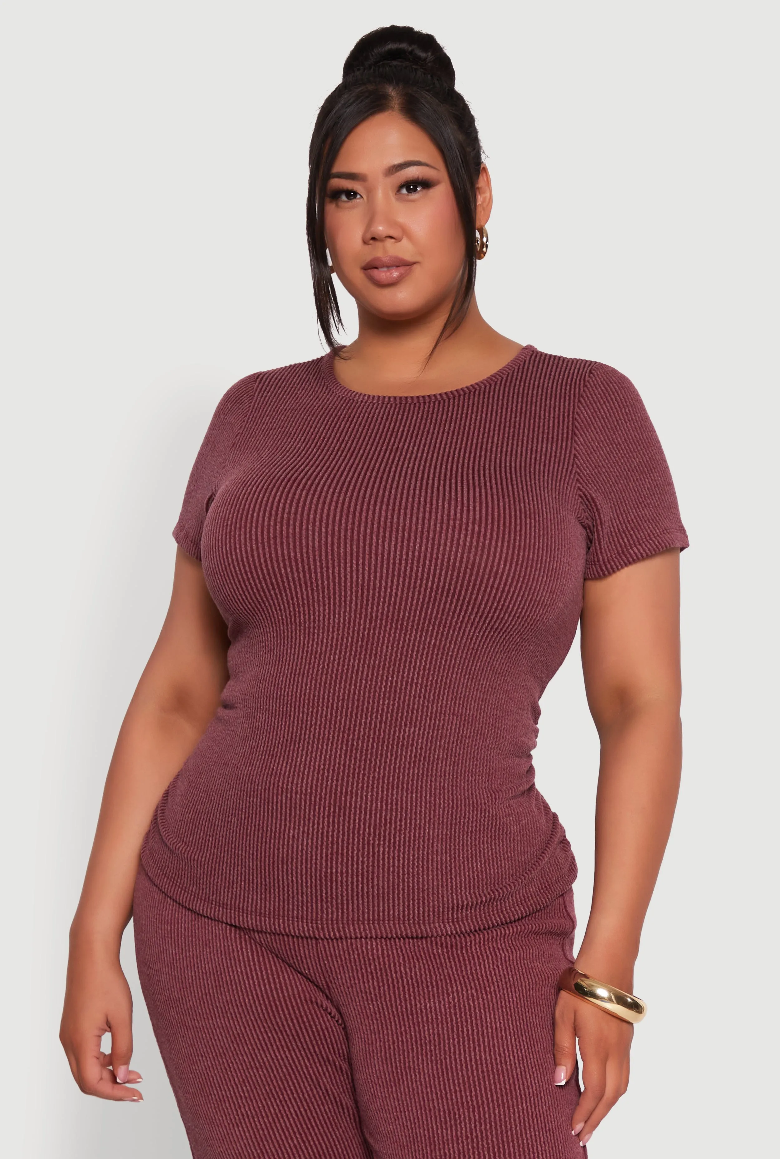 Plus Size Ribbed Knit Classic Fit Solid Crew Neck T-Shirt sold by Rainbow