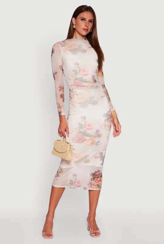 Almost Famous Patterned Mesh Ruched Side Midi Dress sold by Rainbow