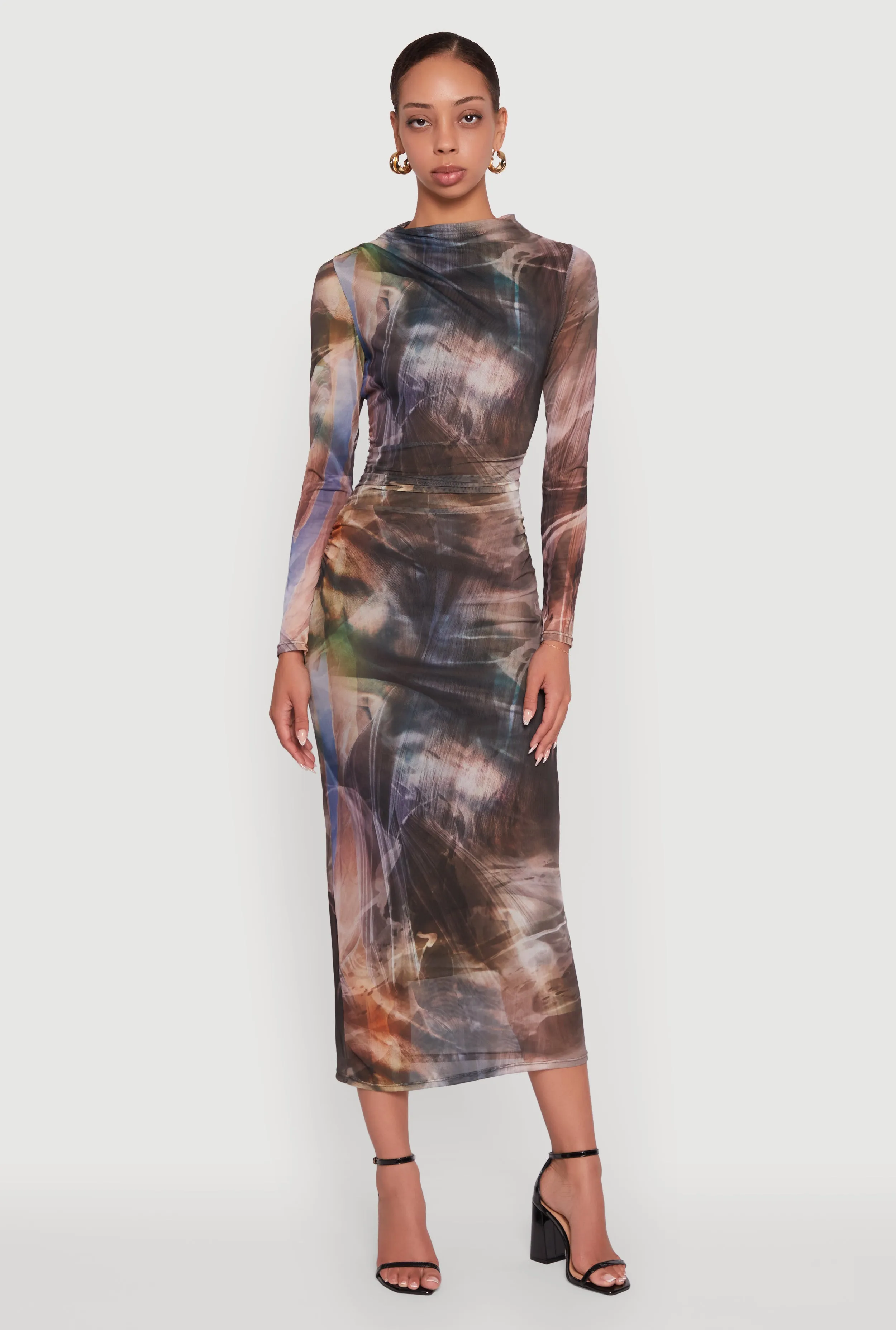 Almost Famous Patterned Mesh Ruched Side Midi Dress sold by Rainbow