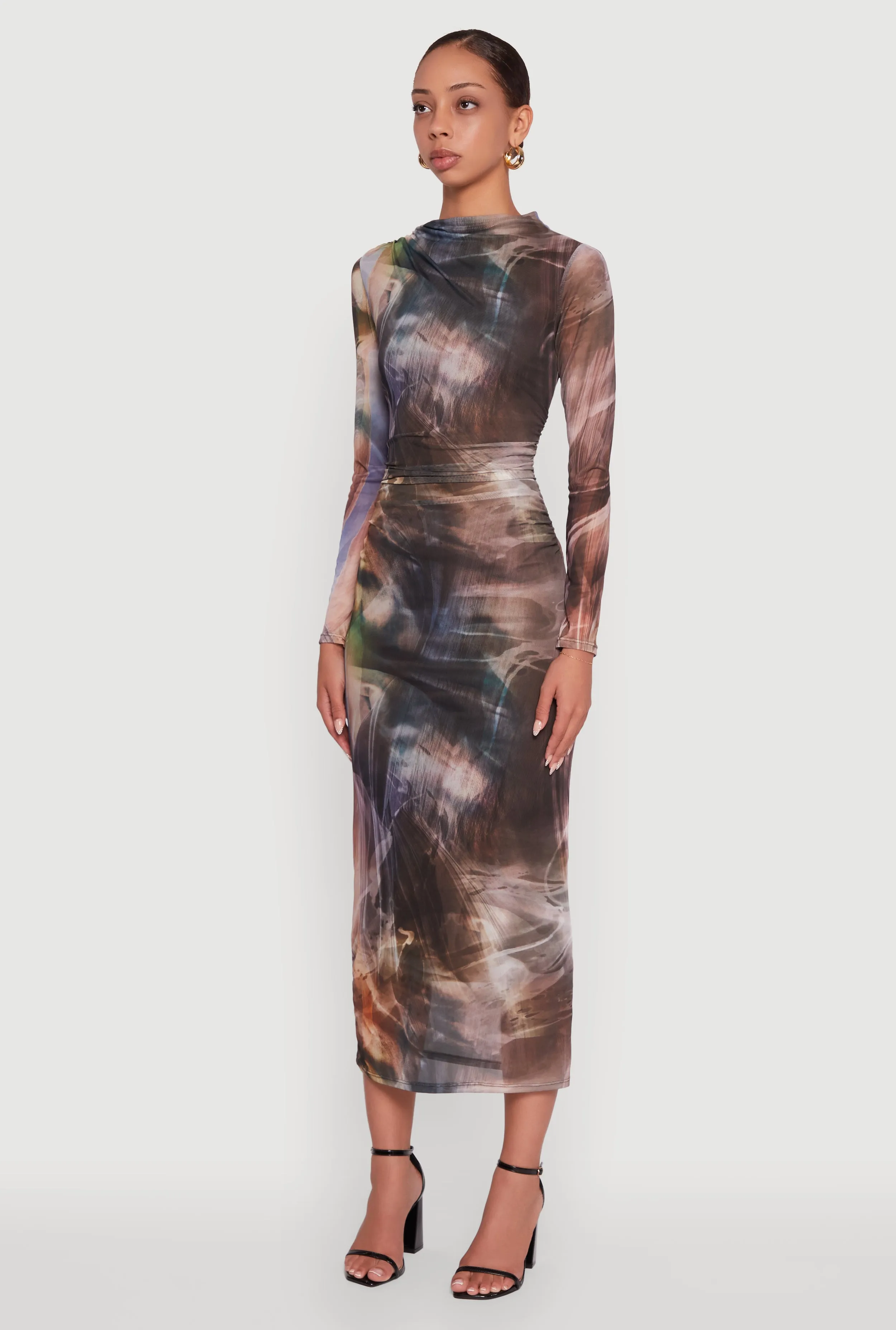 Almost Famous Patterned Mesh Ruched Side Midi Dress sold by Rainbow product image thumbnail 3