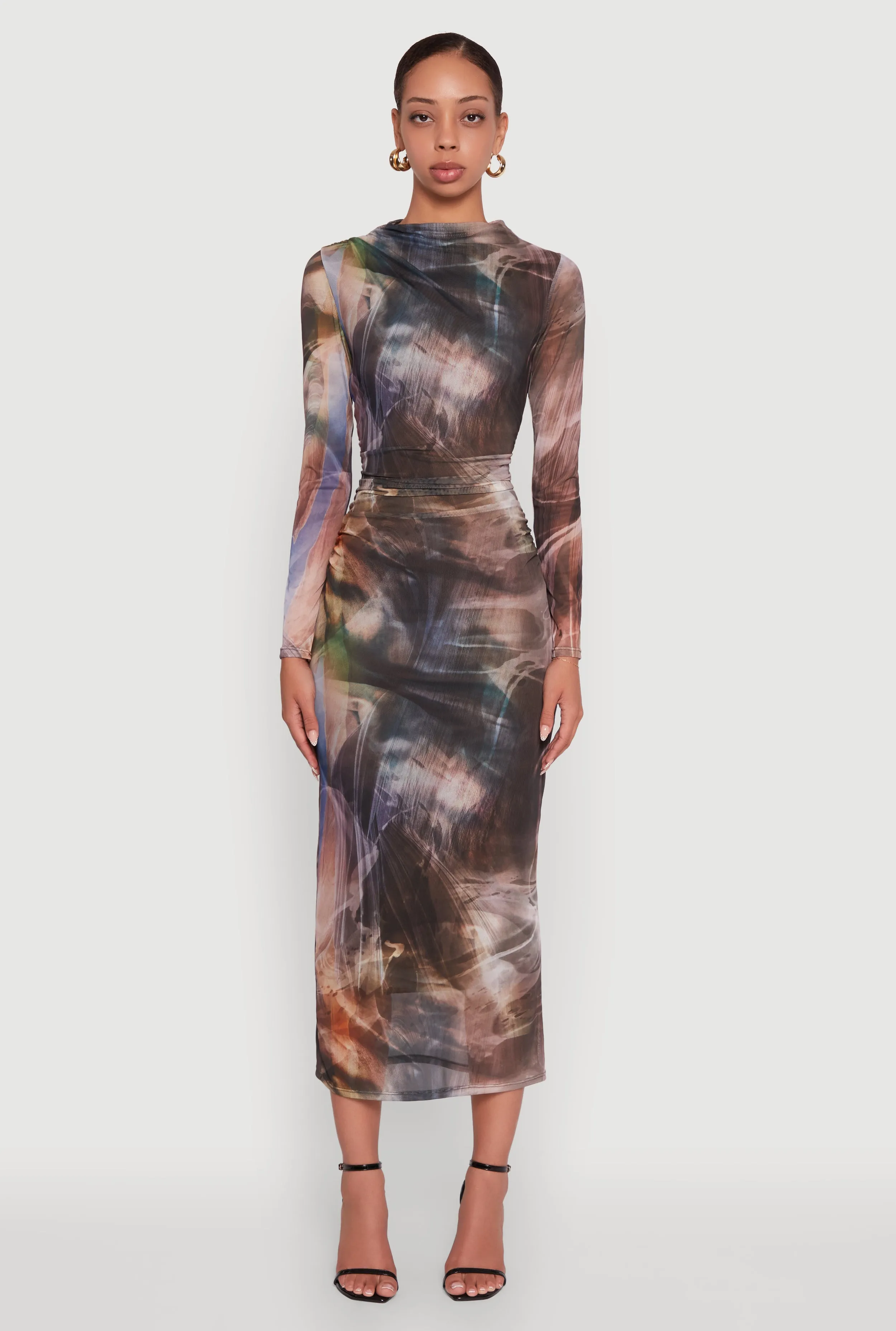 Almost Famous Patterned Mesh Ruched Side Midi Dress sold by Rainbow product image thumbnail 2