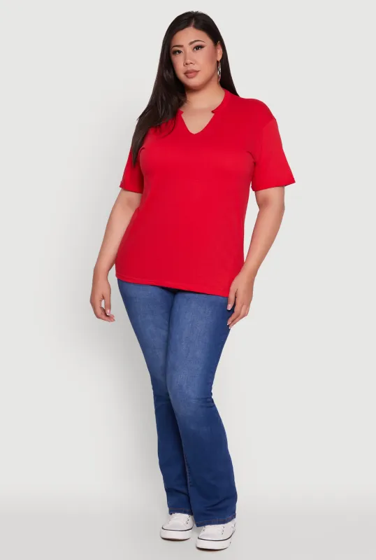 Plus Size Basic Fixed Cuff Notch Neck Tee sold by Rainbow
