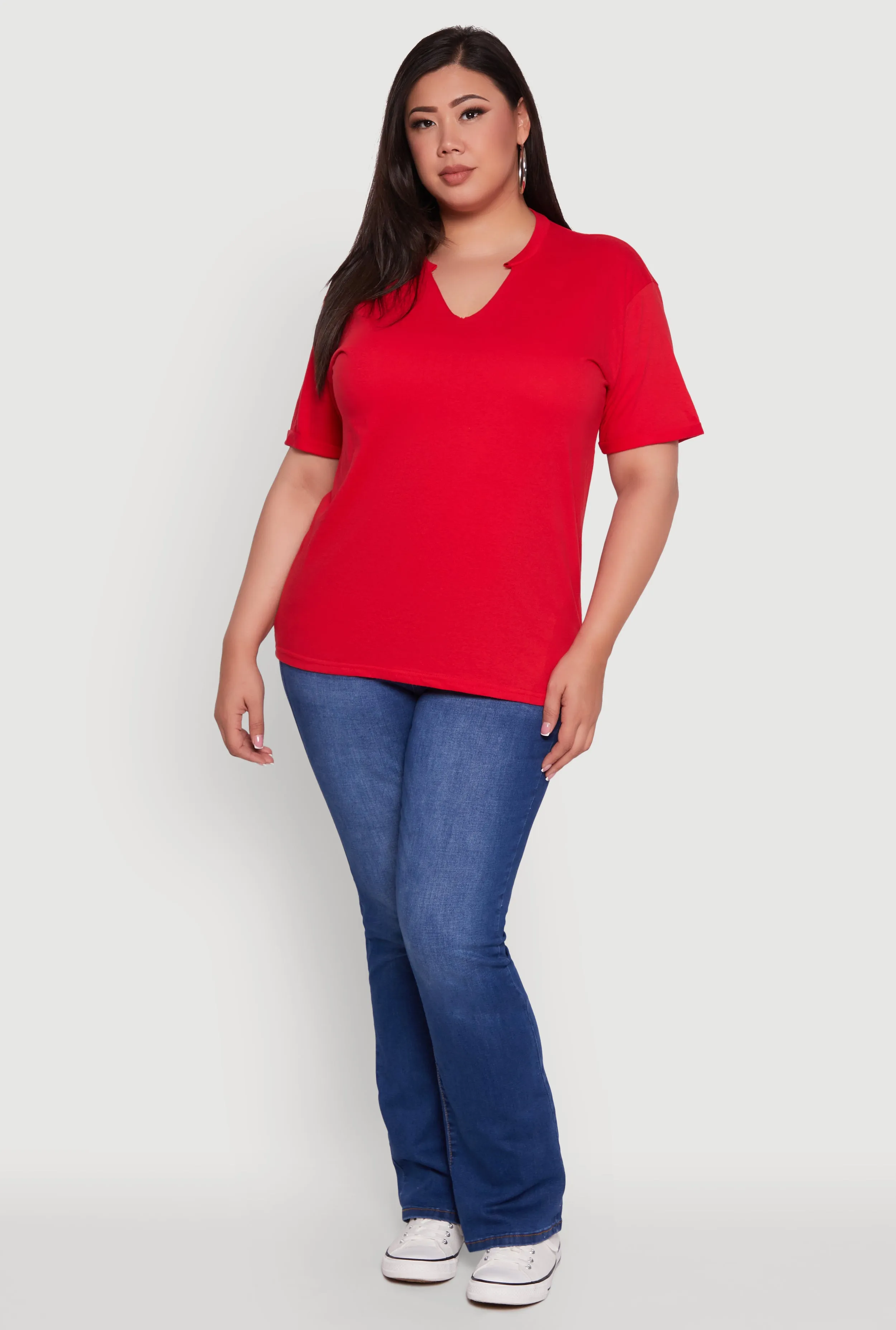 Plus Size Basic Fixed Cuff Notch Neck Tee sold by Rainbow