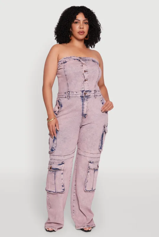 Plus Size Daisy Acid Wash Denim Tube Utility Jumpsuit sold by Rainbow