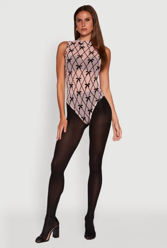 Sleeveless Mock Neck Velvet Burnout Patterned Mesh Bodysuit sold by Rainbow