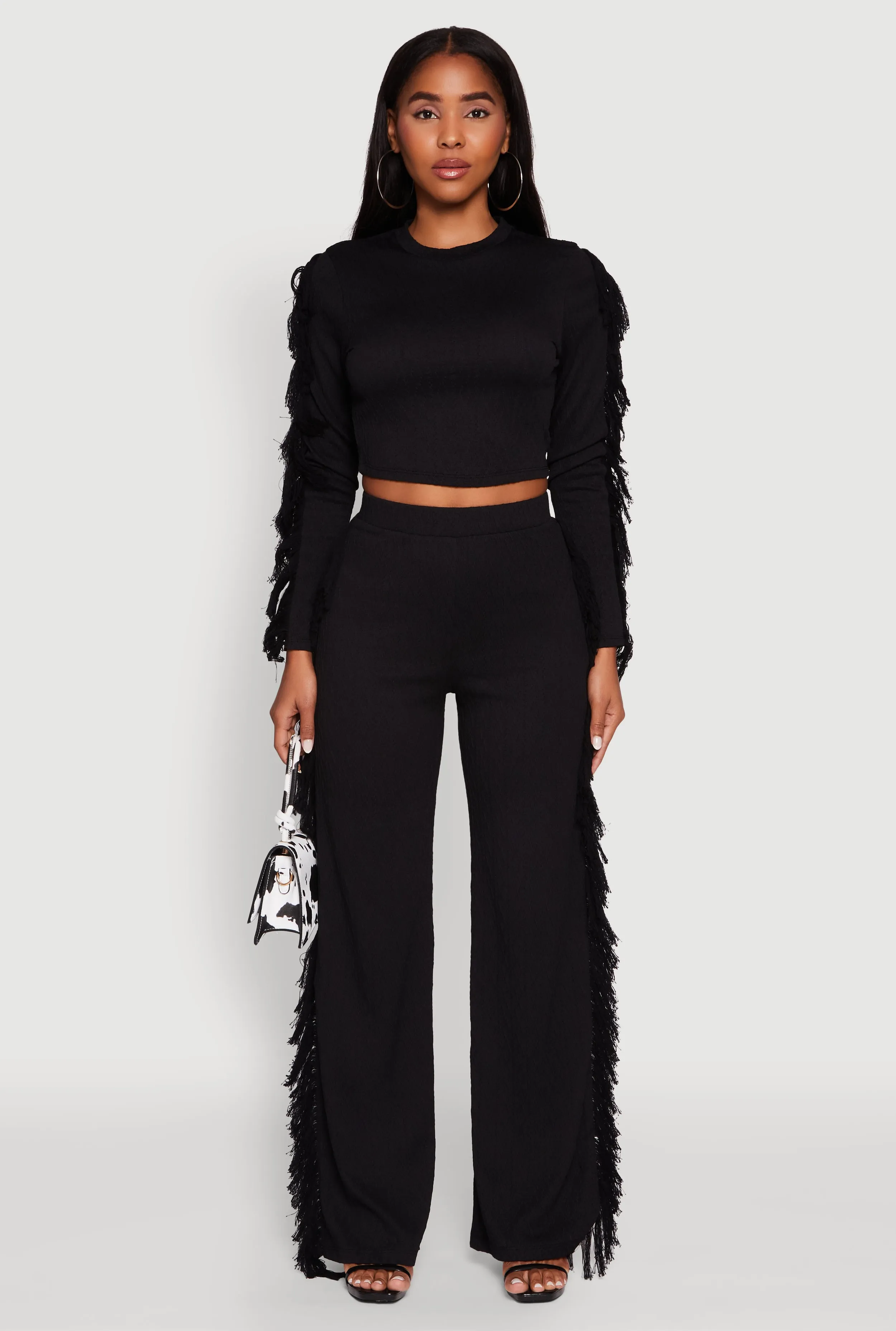 Textured Knit Long Sleeve Fringe Crop Top sold by Rainbow product image thumbnail 3