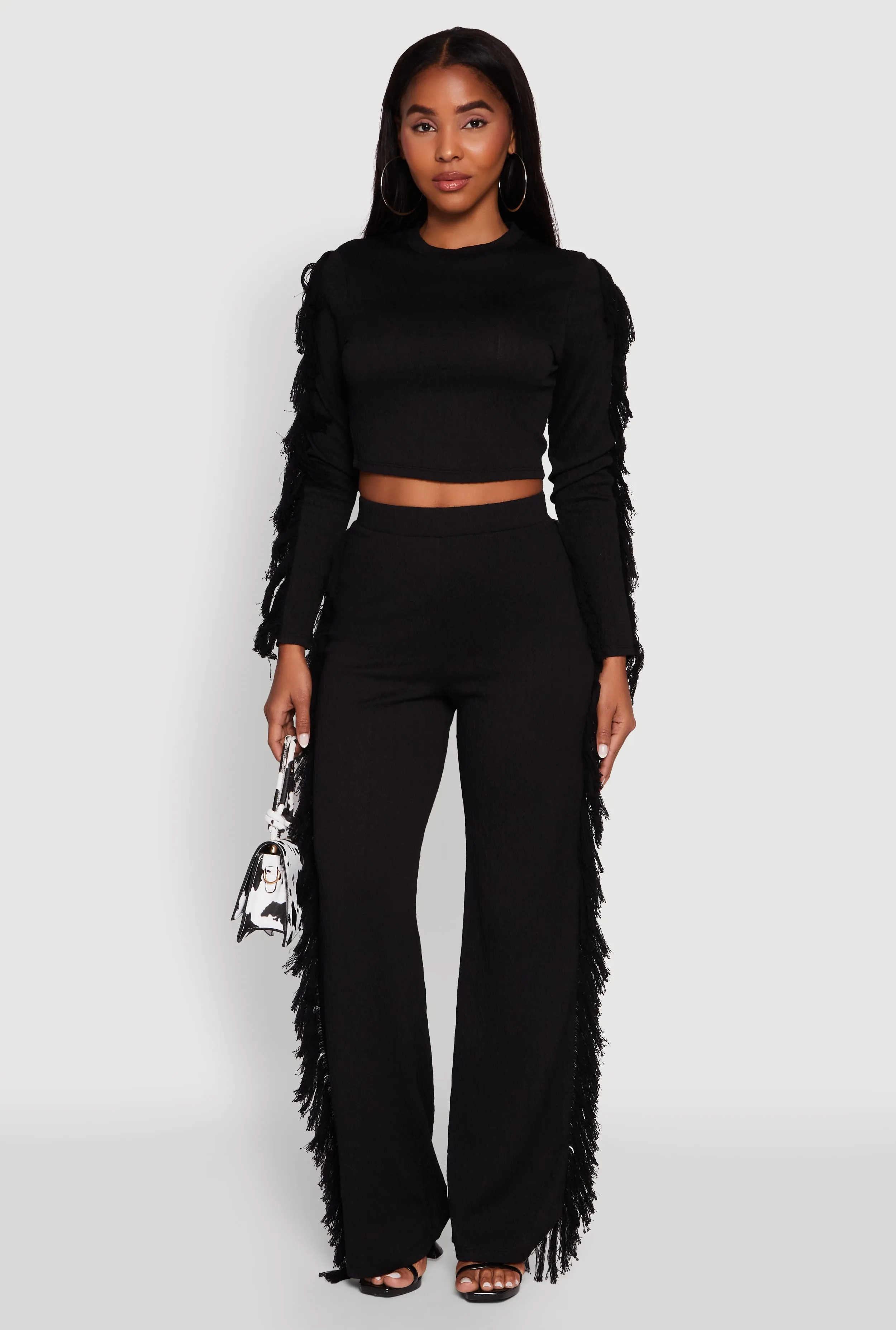 Textured Knit Long Sleeve Fringe Crop Top sold by Rainbow product image thumbnail 2