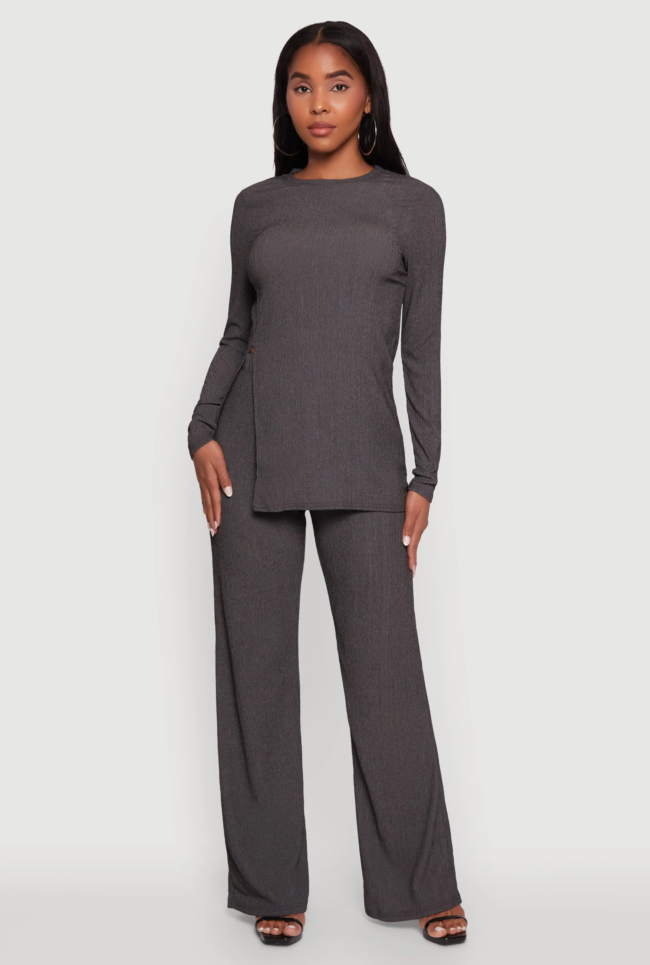 Seersucker Crew Neck Side Slit Long Sleeve Top sold by Rainbow product image thumbnail 2