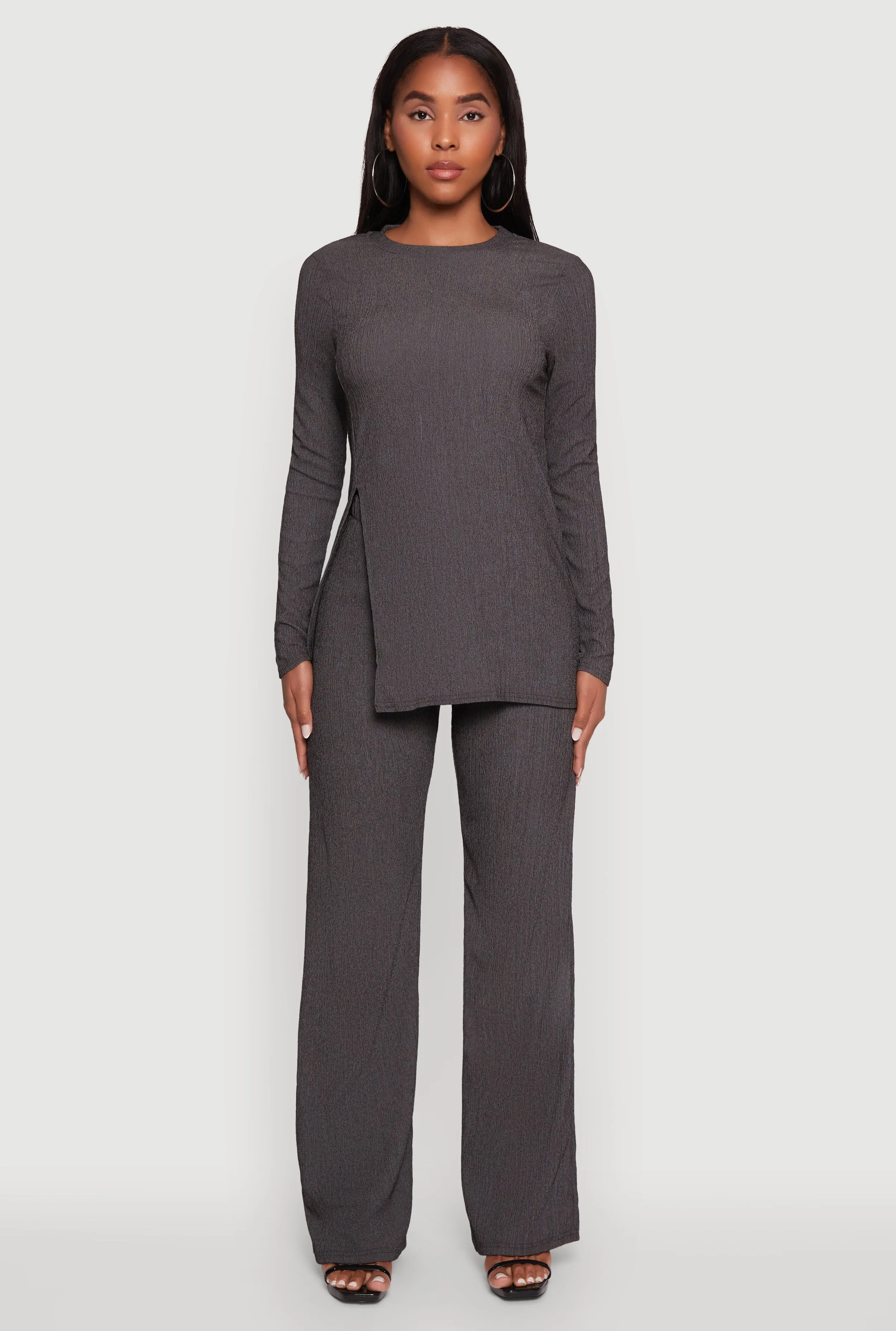 Seersucker Crew Neck Side Slit Long Sleeve Top sold by Rainbow product image thumbnail 3