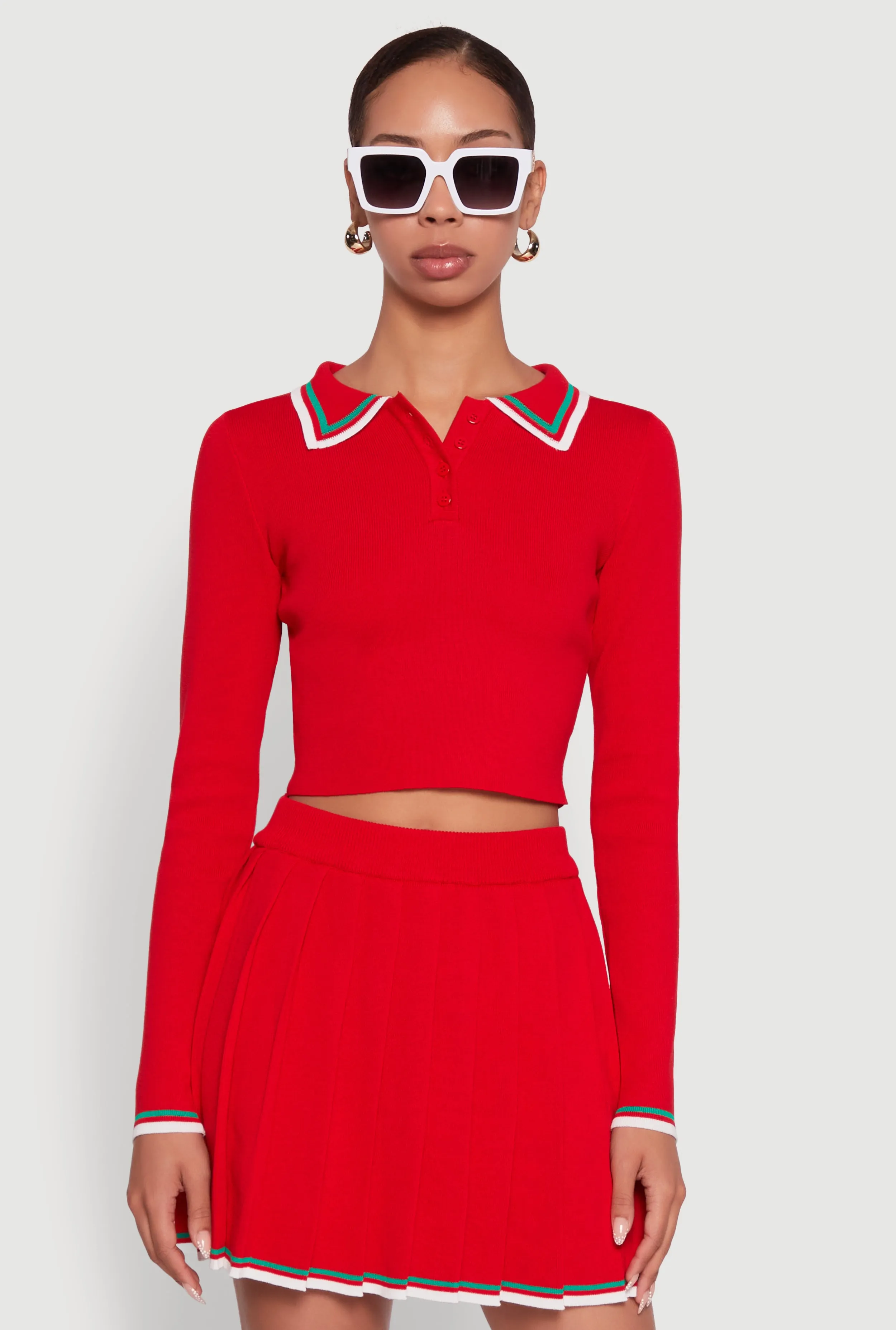 Daisy Contrast Trim Cropped Long Sleeve Polo Shirt sold by Rainbow