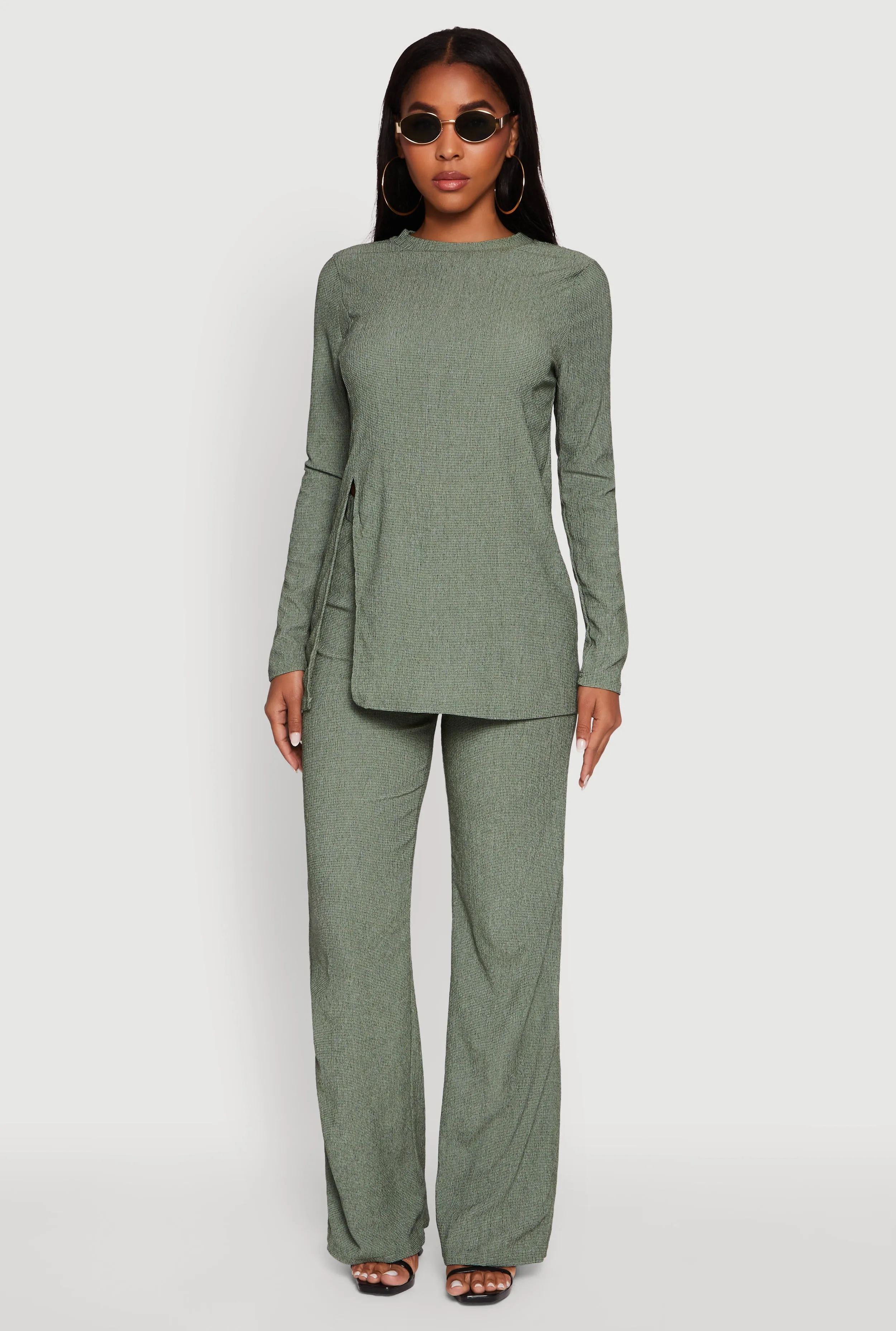 Seersucker Crew Neck Side Slit Long Sleeve Top sold by Rainbow product image thumbnail 2