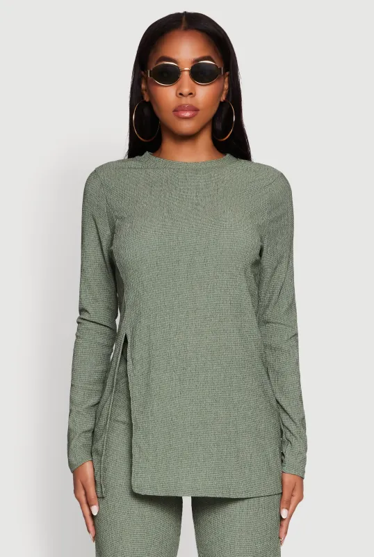 Seersucker Crew Neck Side Slit Long Sleeve Top sold by Rainbow