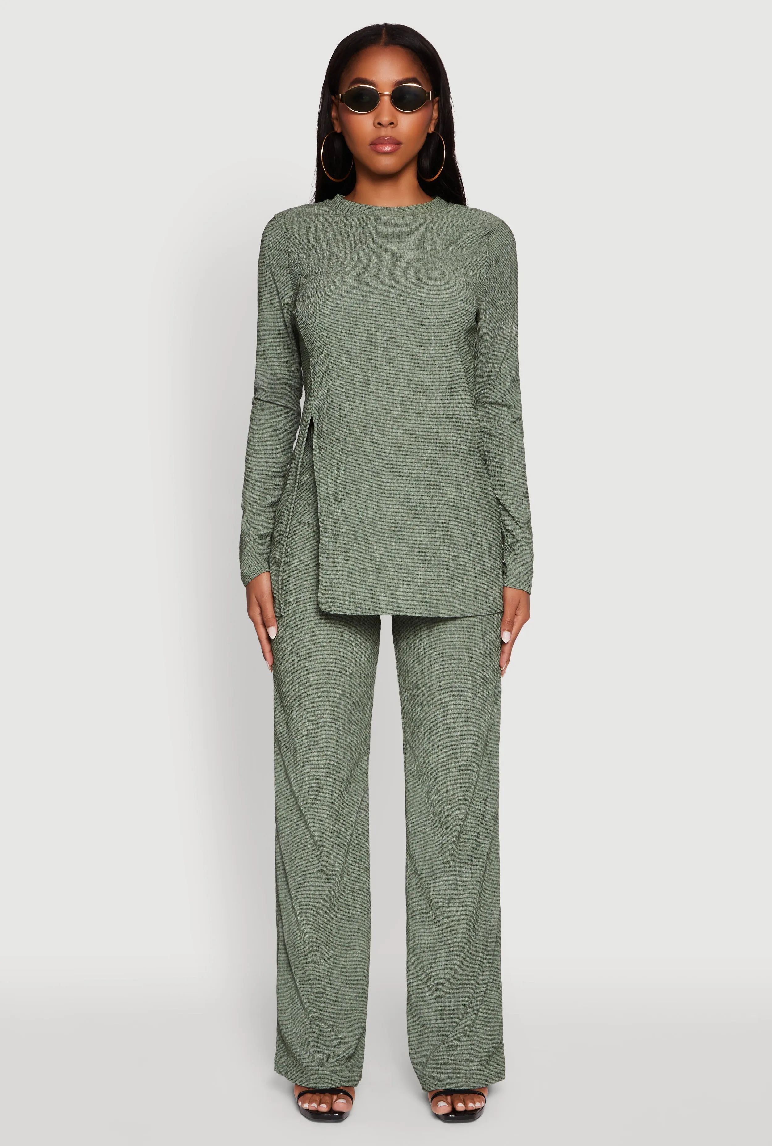 Seersucker Crew Neck Side Slit Long Sleeve Top sold by Rainbow product image thumbnail 3