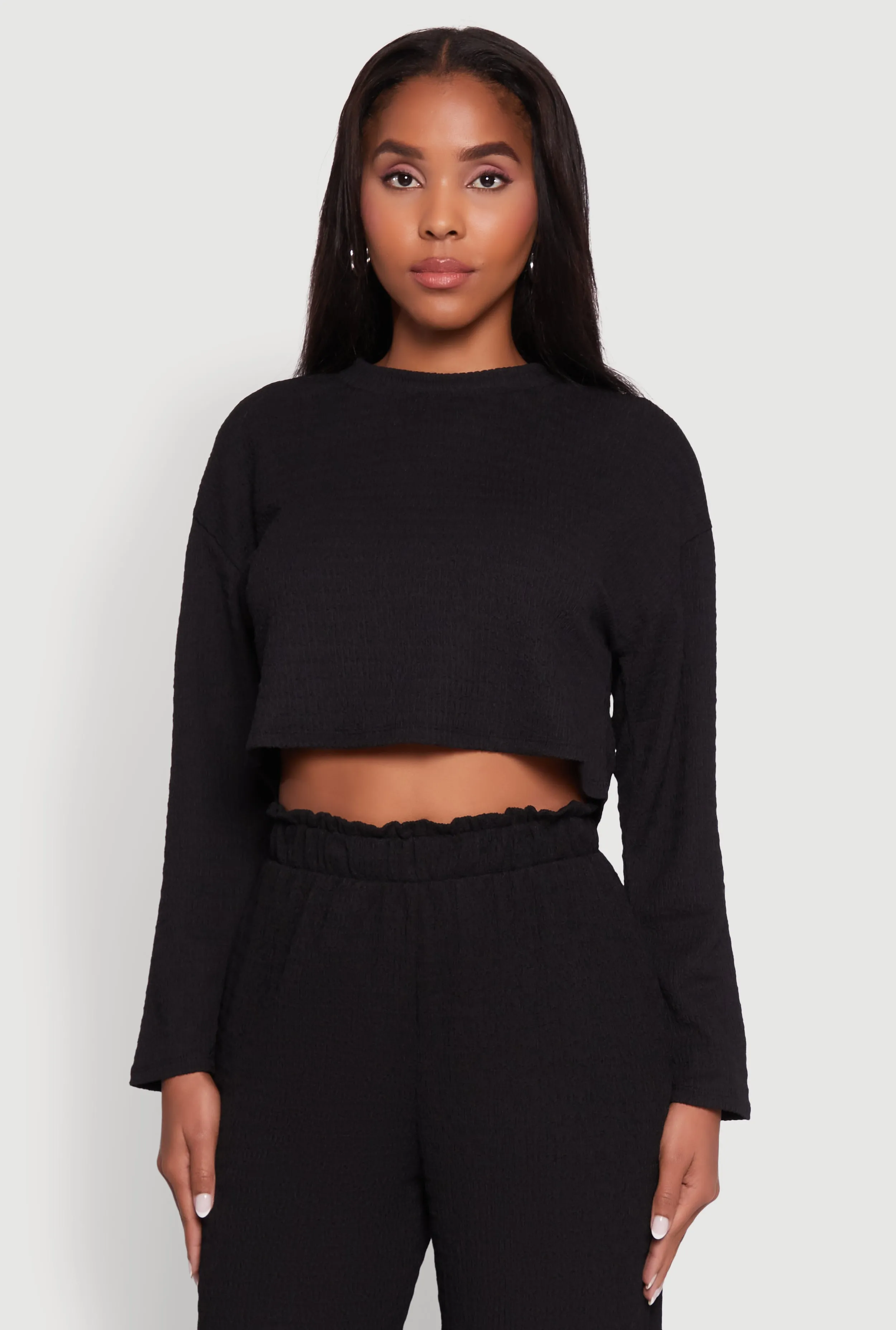 Trendy Textured Knit Long Sleeve Crop Top sold by Rainbow