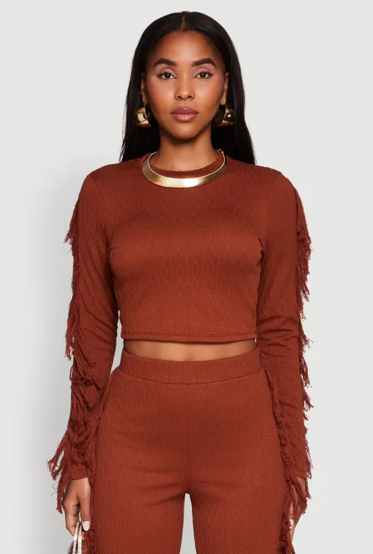 Textured Knit Long Sleeve Fringe Crop Top sold by Rainbow