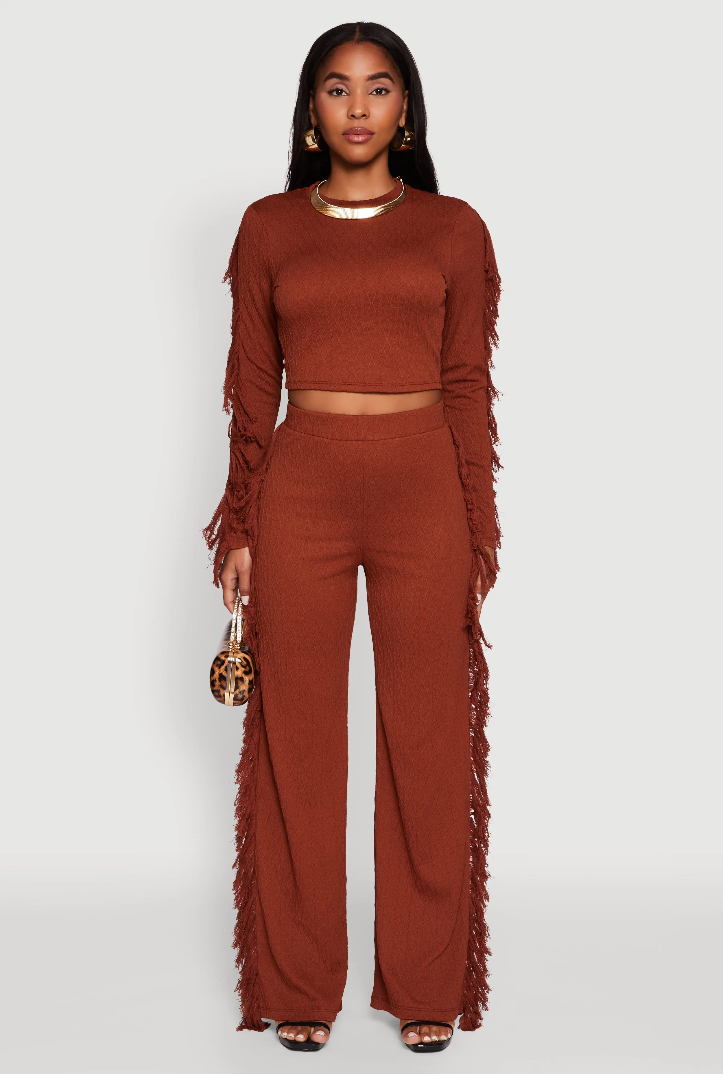 Textured Knit Long Sleeve Fringe Crop Top sold by Rainbow product image thumbnail 3