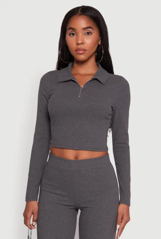 Brushed Knit Long Sleeve Quarter Zip Cropped Polo sold by Rainbow