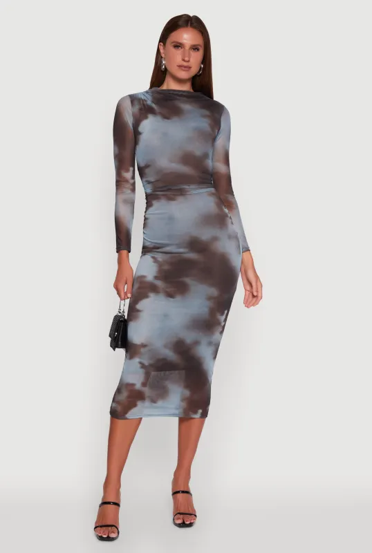 Almost Famous Patterned Mesh Ruched Side Midi Dress sold by Rainbow