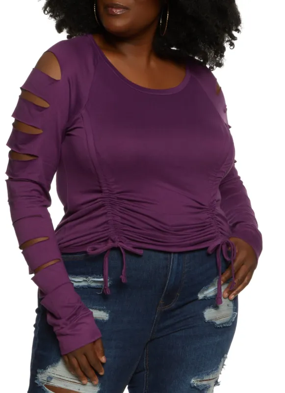 Plus Size Laser Cut Sleeve Ruched Top sold by Rainbow