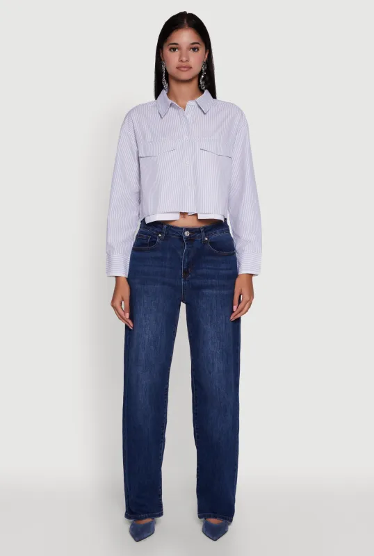 Striped Long Sleeve Button Front Cropped Shirt sold by Rainbow