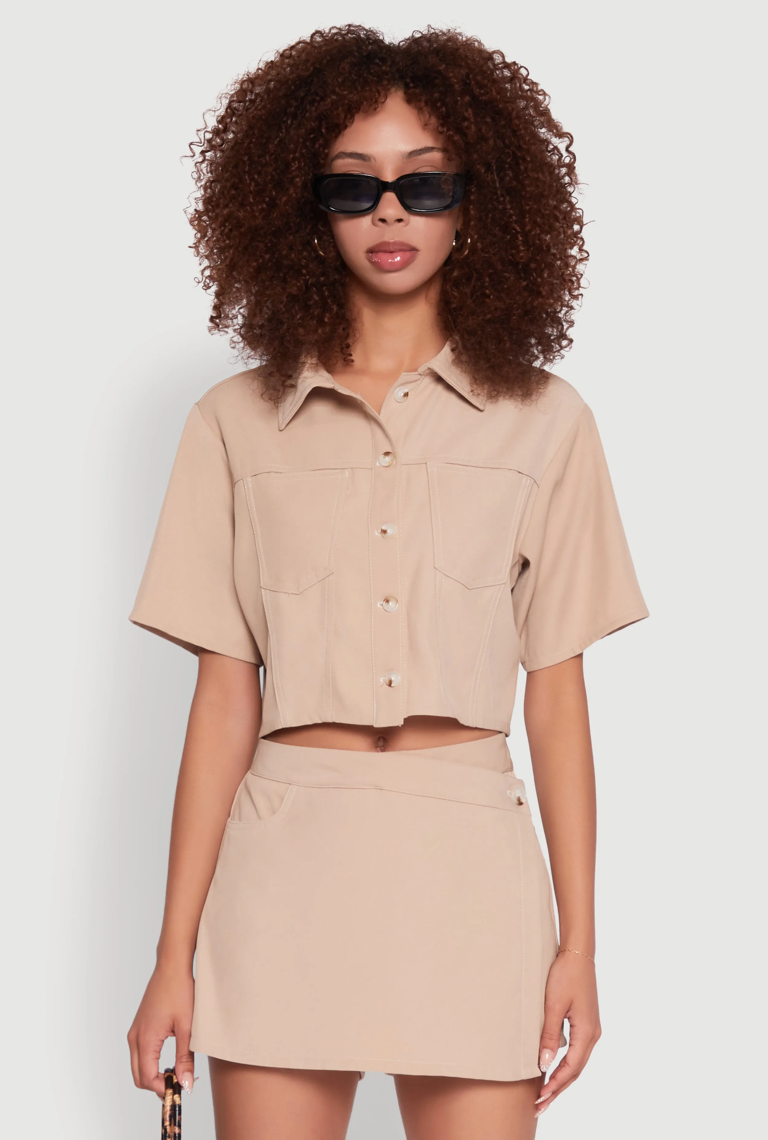 Twill Cropped Button Front Shirt sold by Rainbow