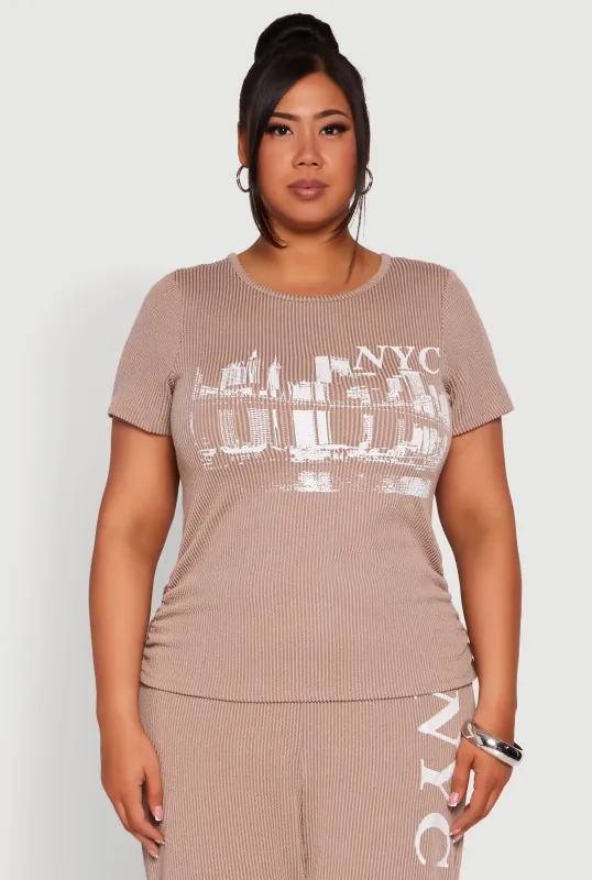 Plus Size Ribbed Knit NYC Bridge Graphic Tee sold by Rainbow