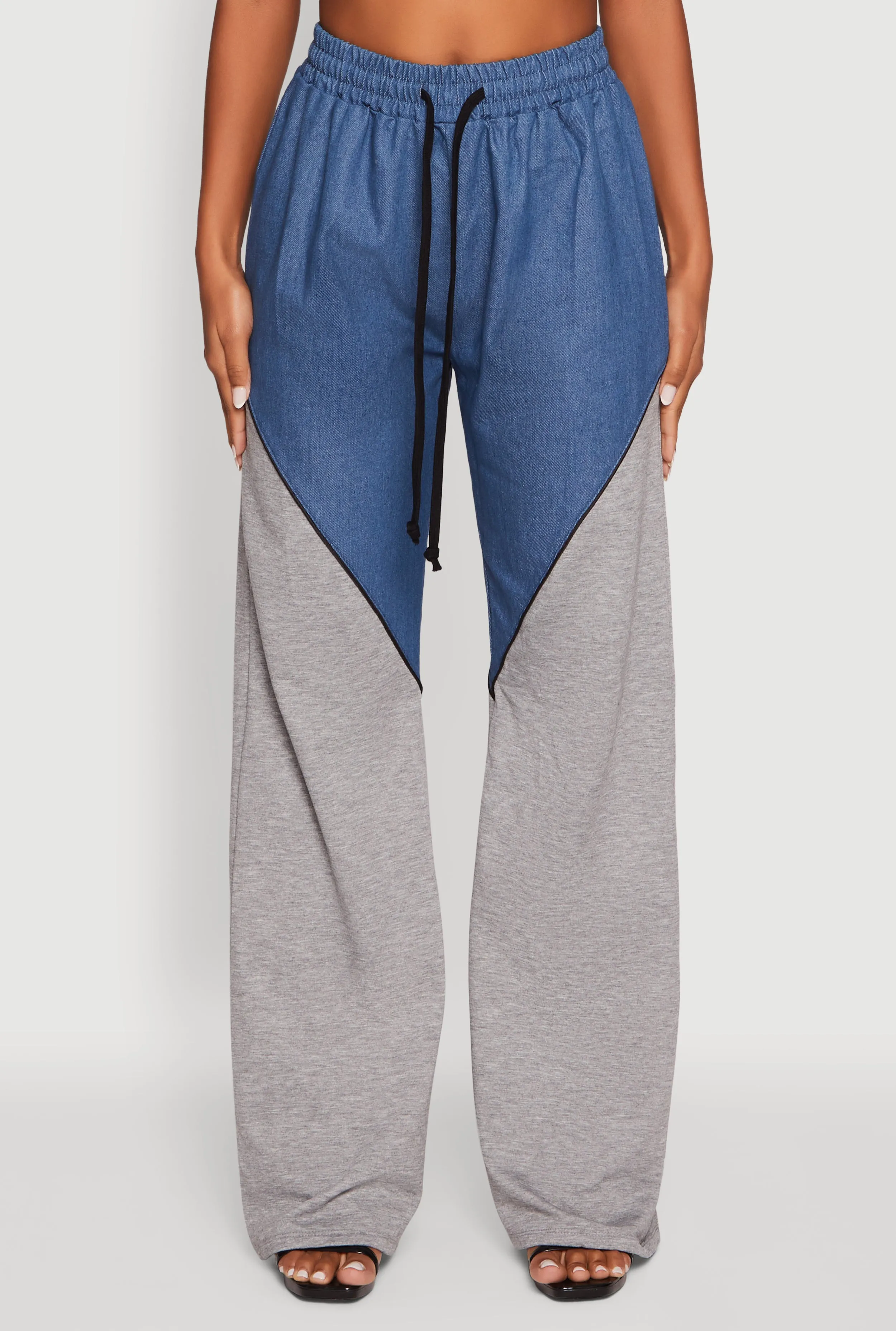 Denim Color Block Drawstring Waist Wide Leg Pants sold by Rainbow product image thumbnail 3