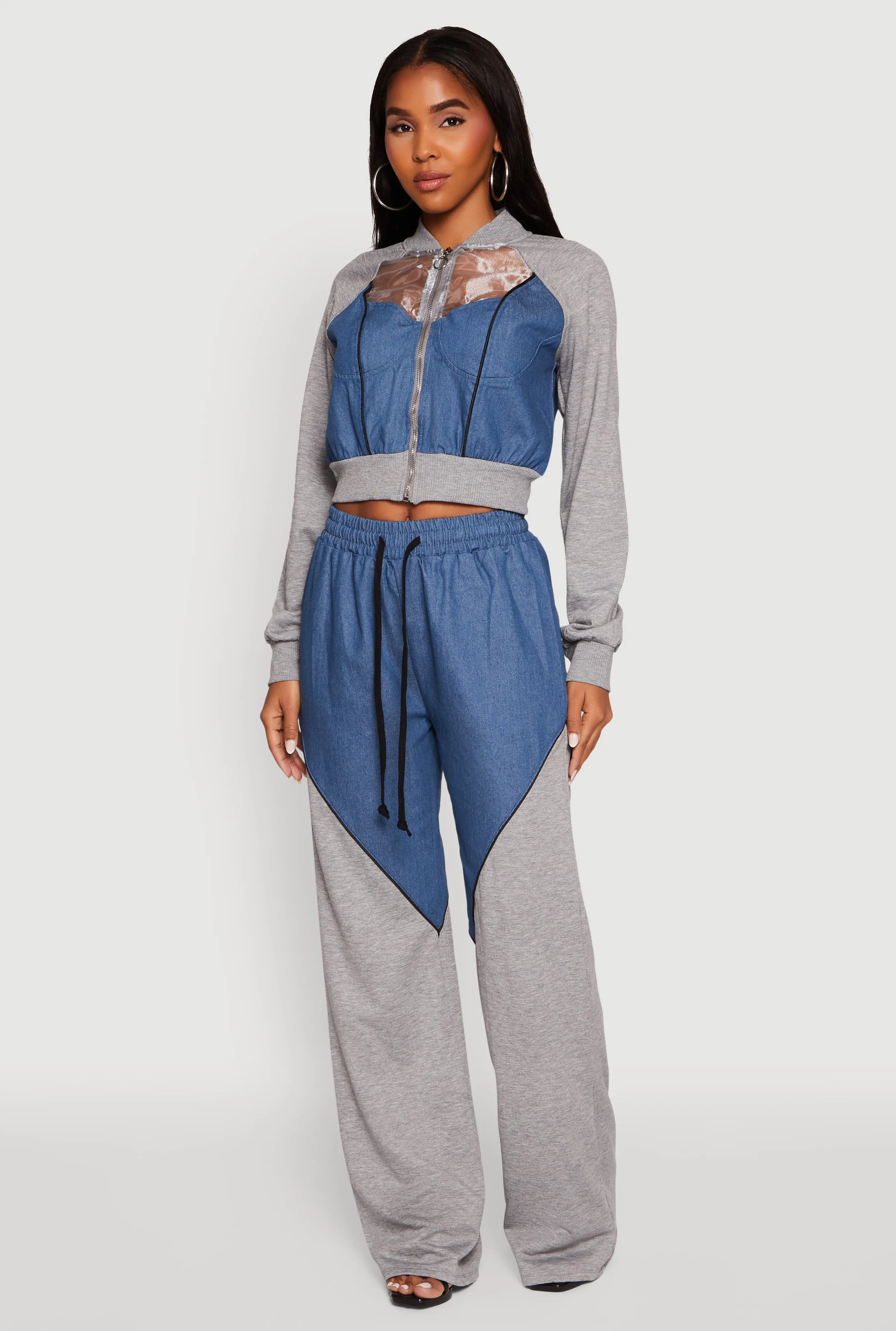 Denim Color Block Drawstring Waist Wide Leg Pants sold by Rainbow product image thumbnail 2