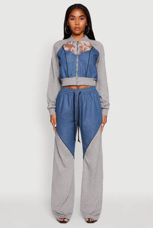 Denim Color Block Drawstring Waist Wide Leg Pants sold by Rainbow