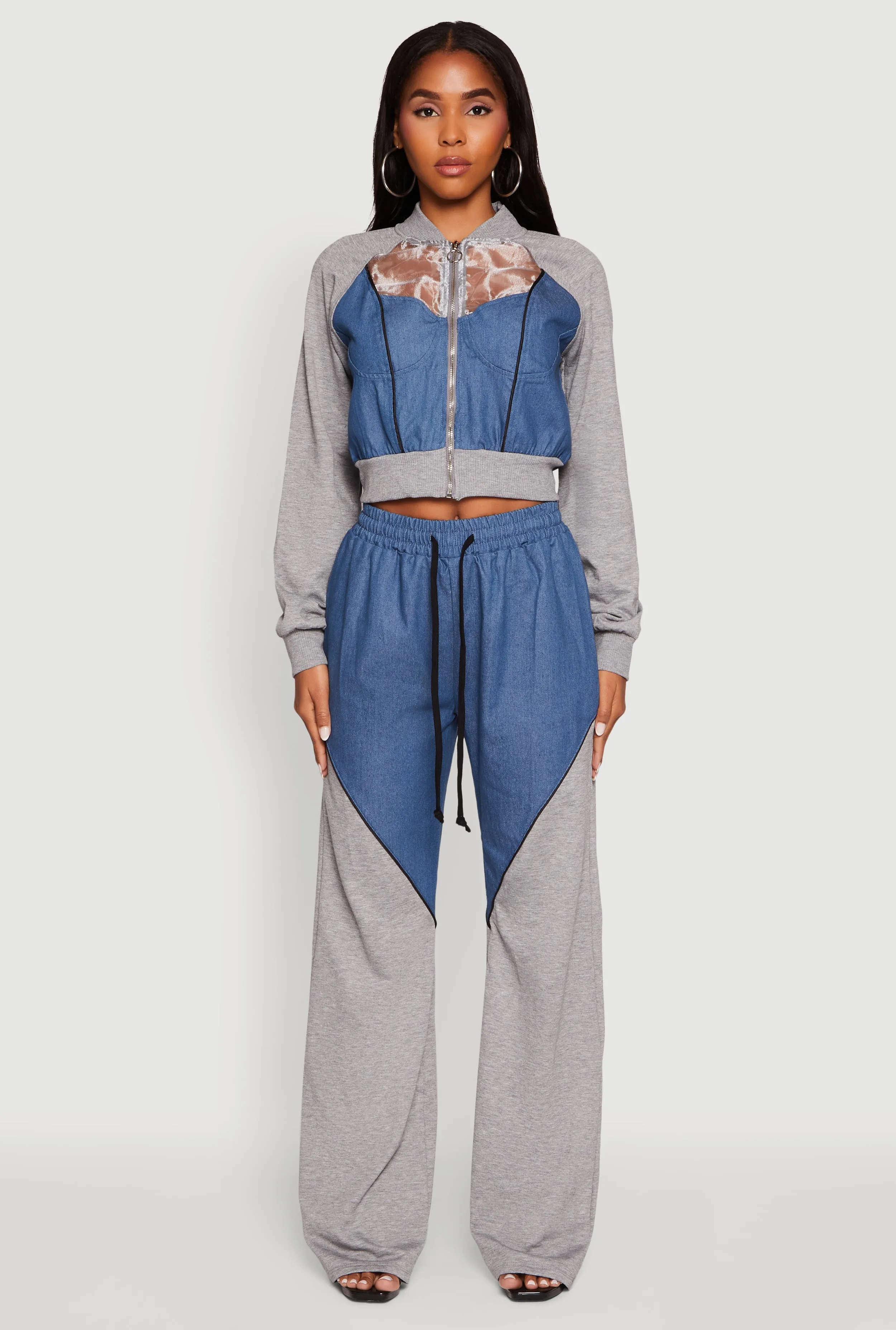 Denim Color Block Drawstring Waist Wide Leg Pants sold by Rainbow