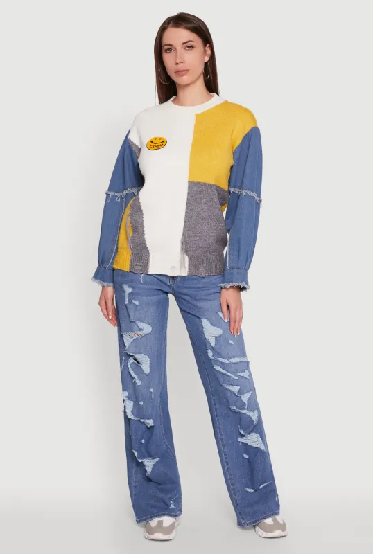 Daisy Color Blocked Denim Sleeve Sweater sold by Rainbow