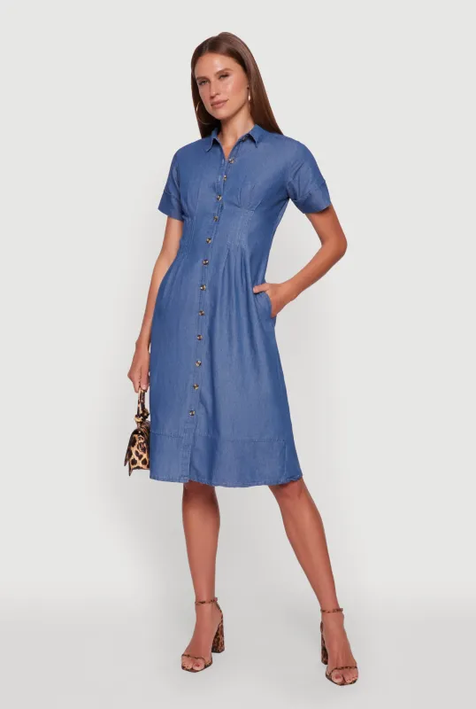 Denim Button Front Midi Shirt Dress sold by Rainbow